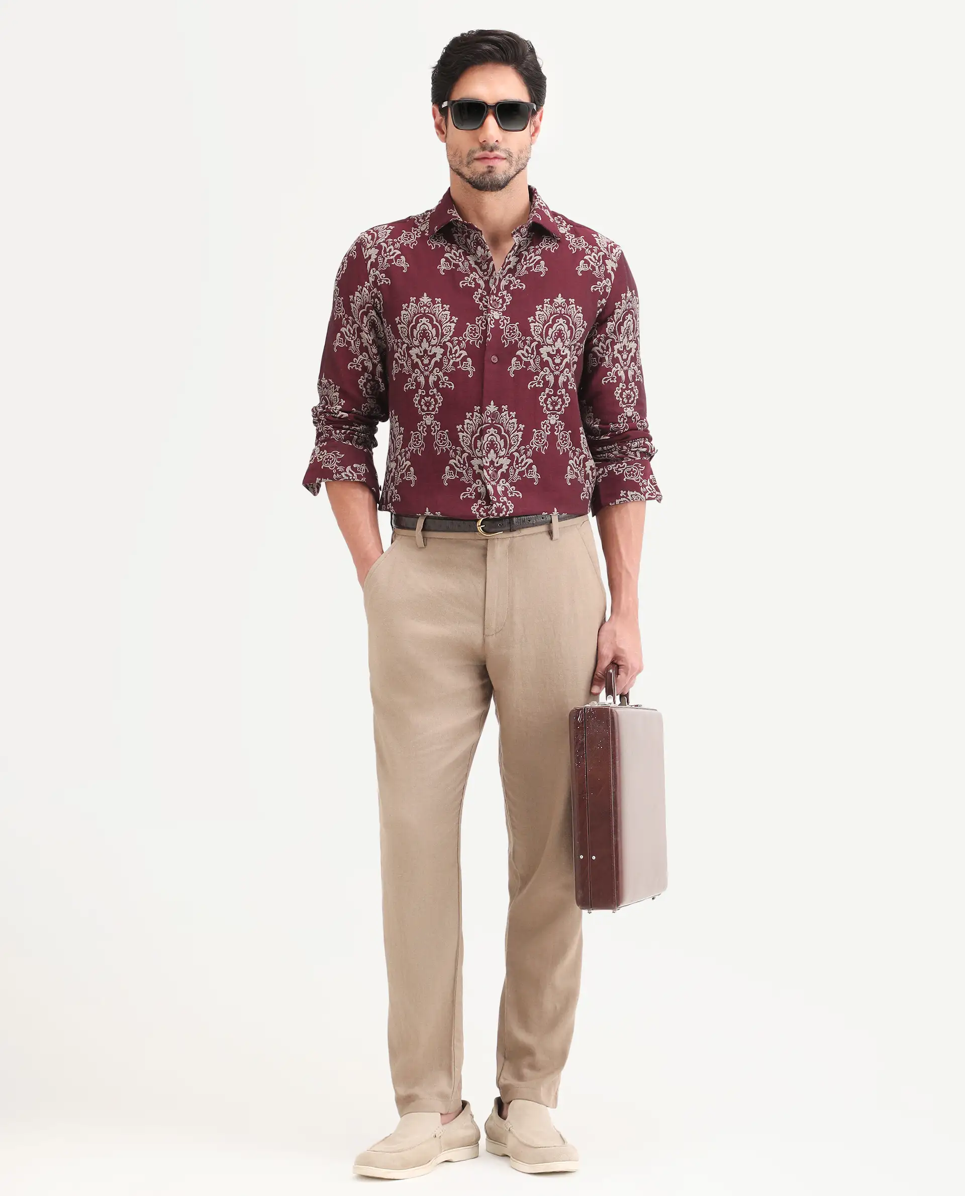 Rare Rabbit Men's Tiel Red Cotton Fabric Full Sleeve Spread Collar Button Regular Fit Jacquard Shirt - Image 2
