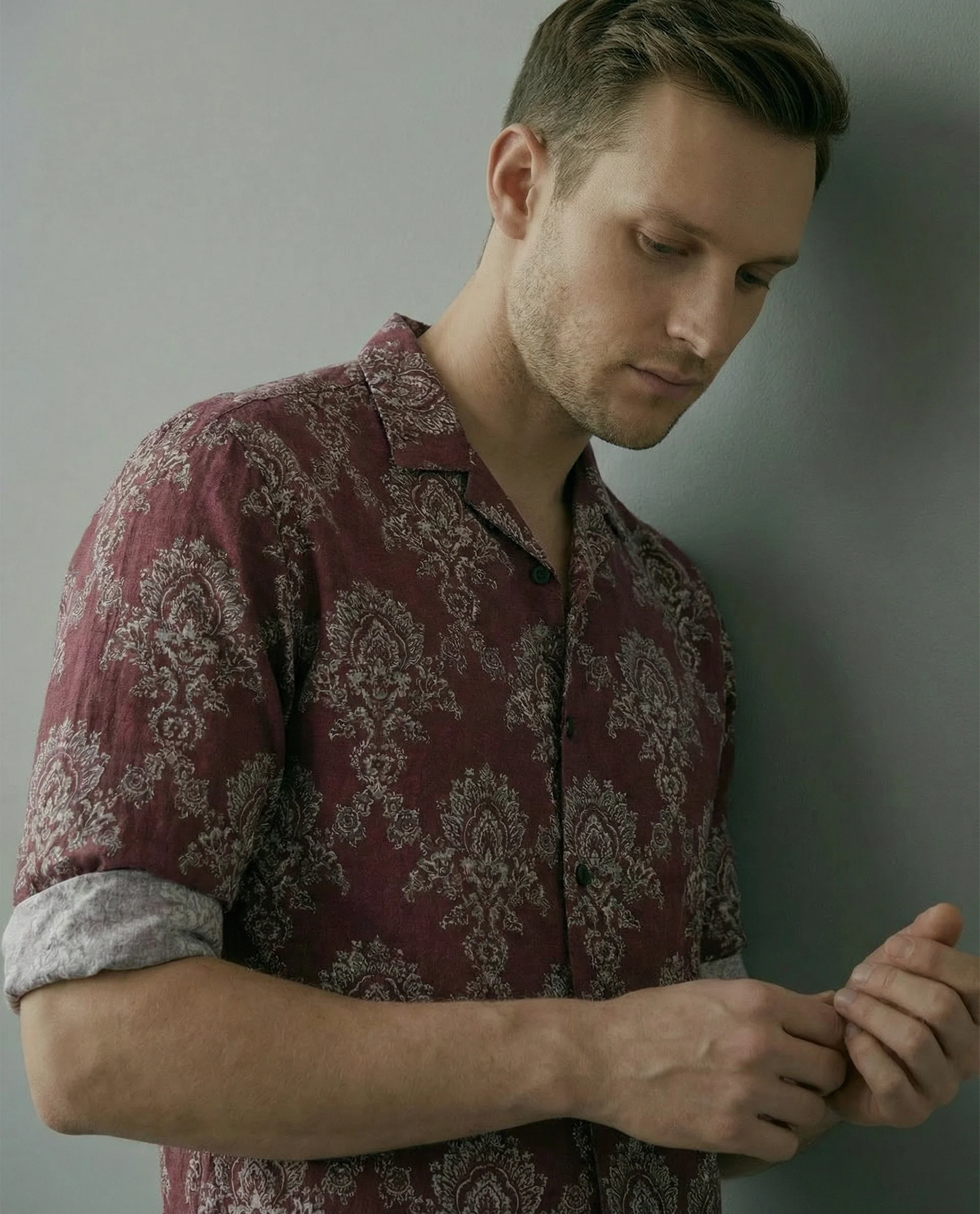 Rare Rabbit Men's Tiel Red Cotton Fabric Full Sleeve Spread Collar Button Regular Fit Jacquard Shirt - Image 3
