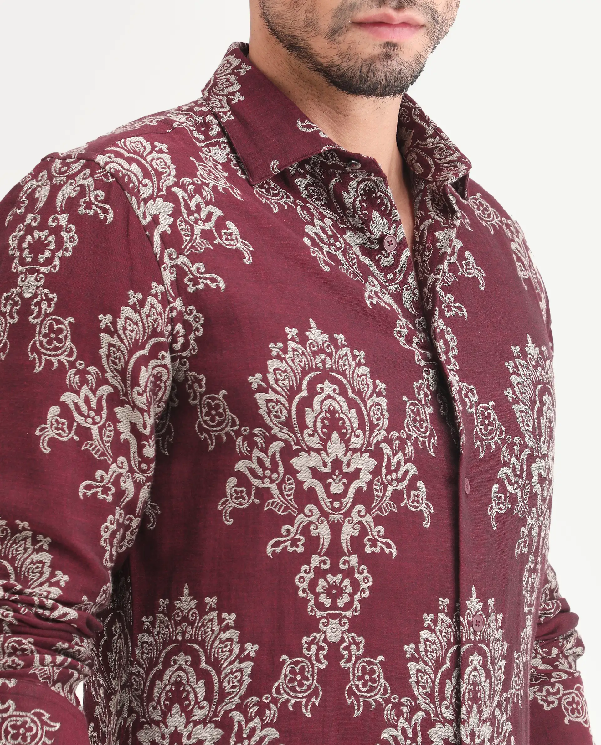 Rare Rabbit Men's Tiel Red Cotton Fabric Full Sleeve Spread Collar Button Regular Fit Jacquard Shirt - Image 4