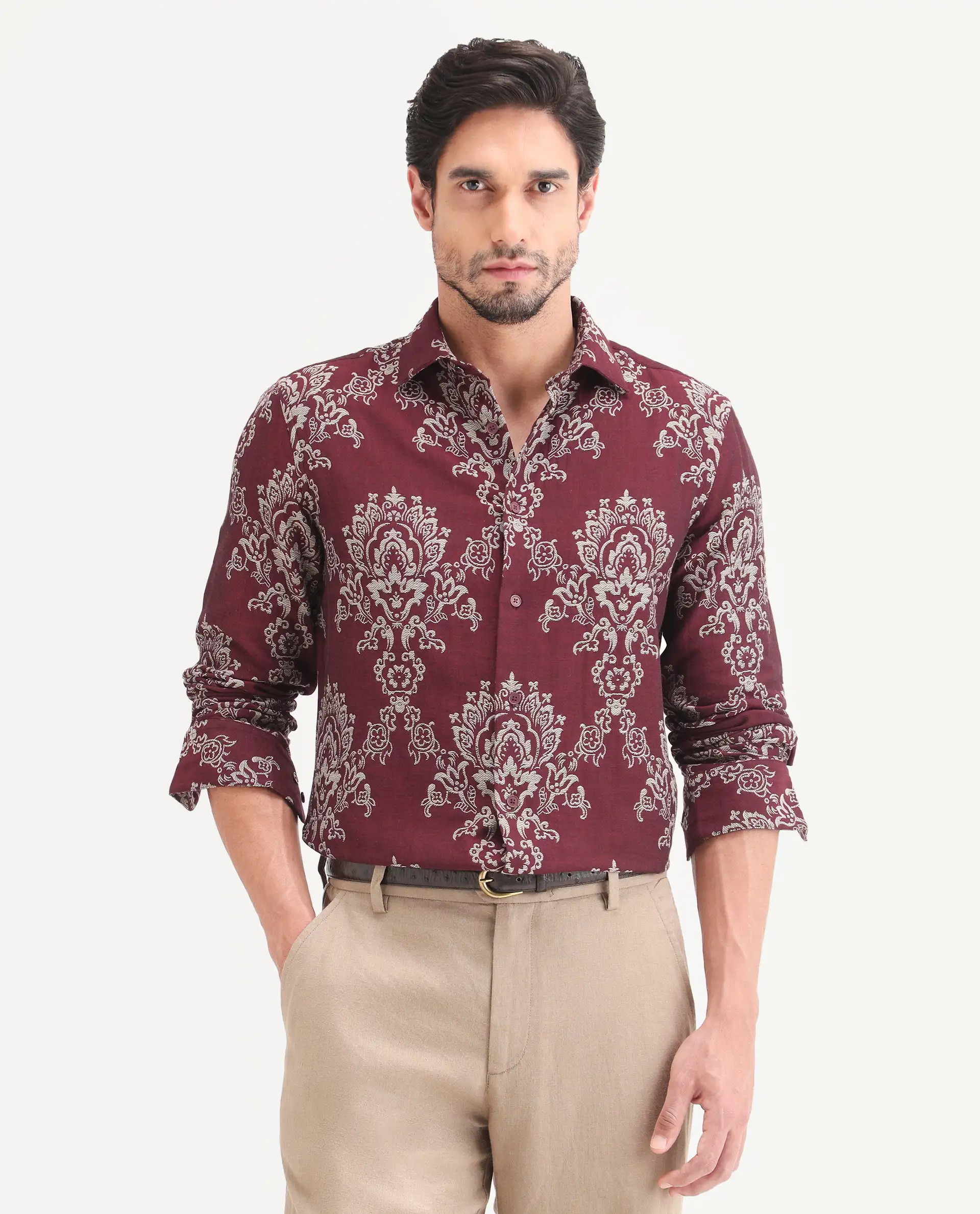 Rare Rabbit Men's Tiel Red Cotton Fabric Full Sleeve Spread Collar Button Regular Fit Jacquard Shirt - Image 5