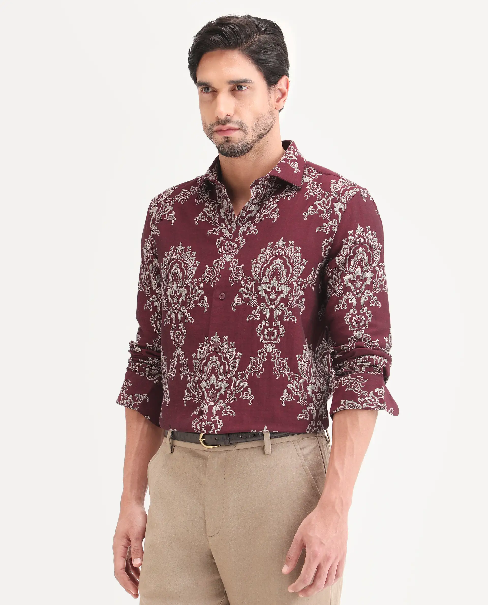 Rare Rabbit Men's Tiel Red Cotton Fabric Full Sleeve Spread Collar Button Regular Fit Jacquard Shirt - Image 6