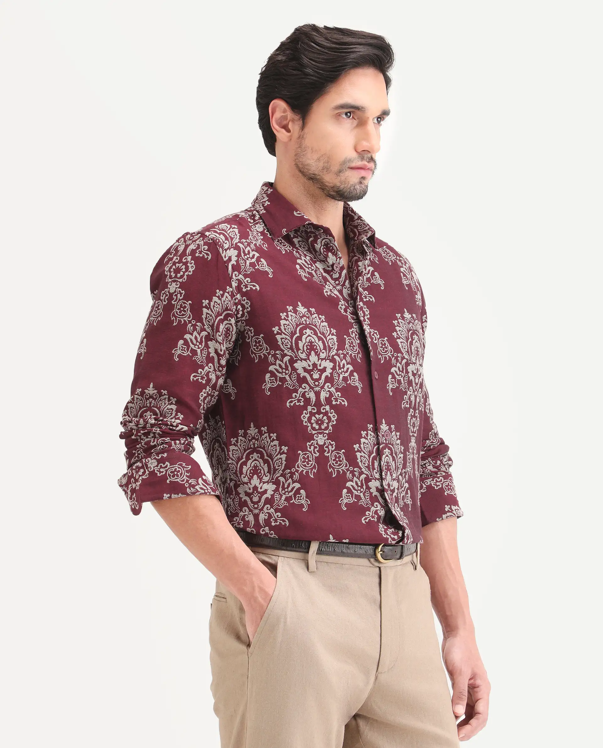 Rare Rabbit Men's Tiel Red Cotton Fabric Full Sleeve Spread Collar Button Regular Fit Jacquard Shirt - Image 7