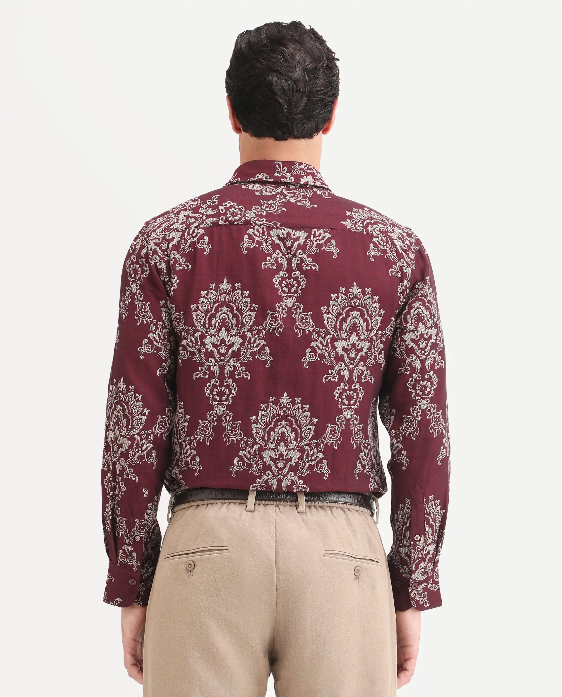 Rare Rabbit Men's Tiel Red Cotton Fabric Full Sleeve Spread Collar Button Regular Fit Jacquard Shirt - Image 8