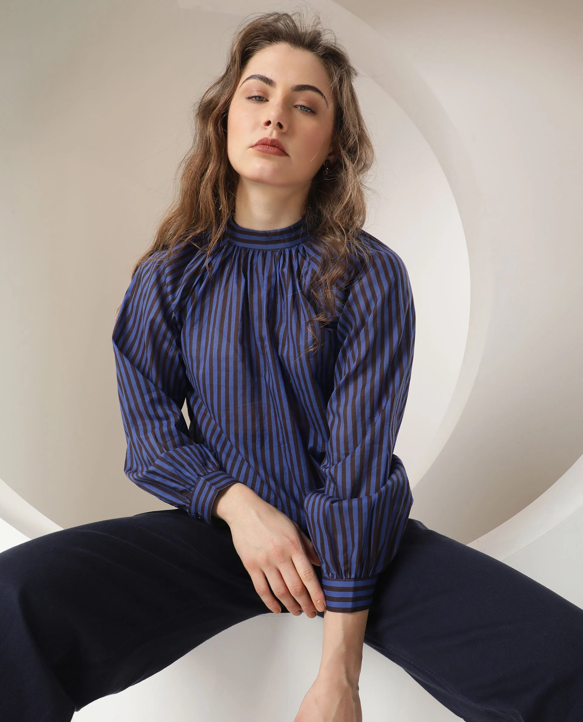 Rareism Women's Tiffany Blue Cotton High Neck Striped Volume Sleeve Relaxed Fit Top - Image 11