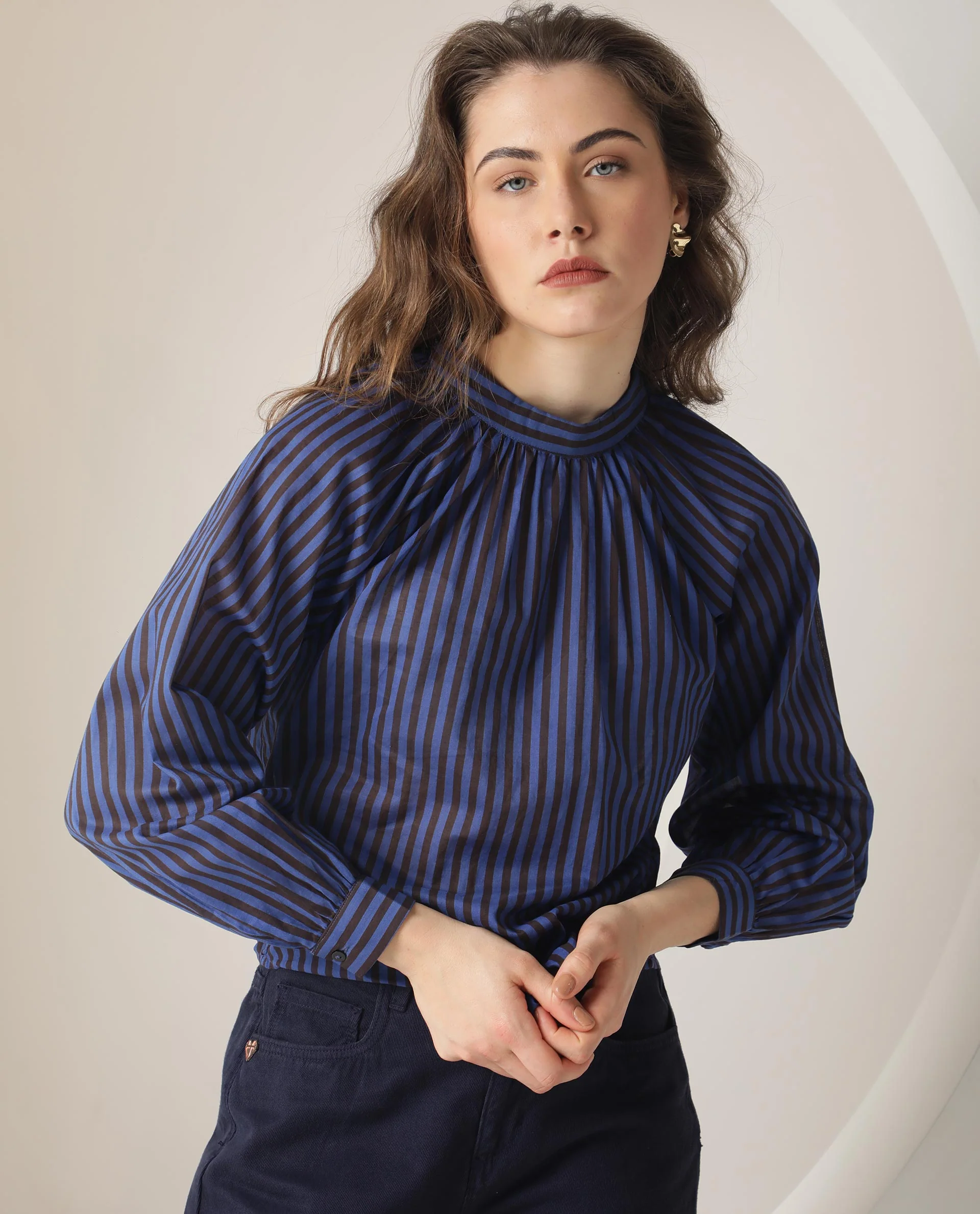 Rareism Women's Tiffany Blue Cotton High Neck Striped Volume Sleeve Relaxed Fit Top - Image 2