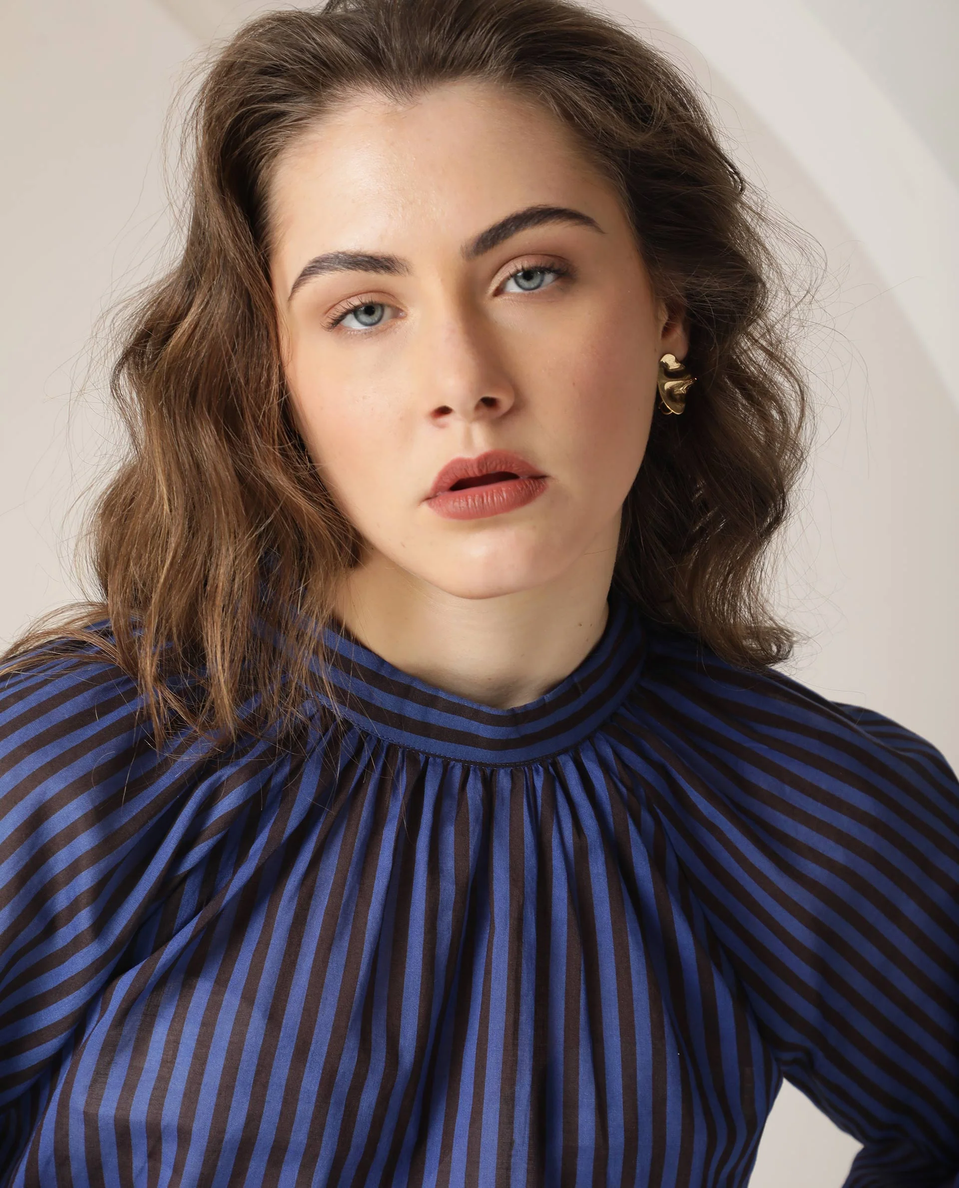 Rareism Women's Tiffany Blue Cotton High Neck Striped Volume Sleeve Relaxed Fit Top - Image 3