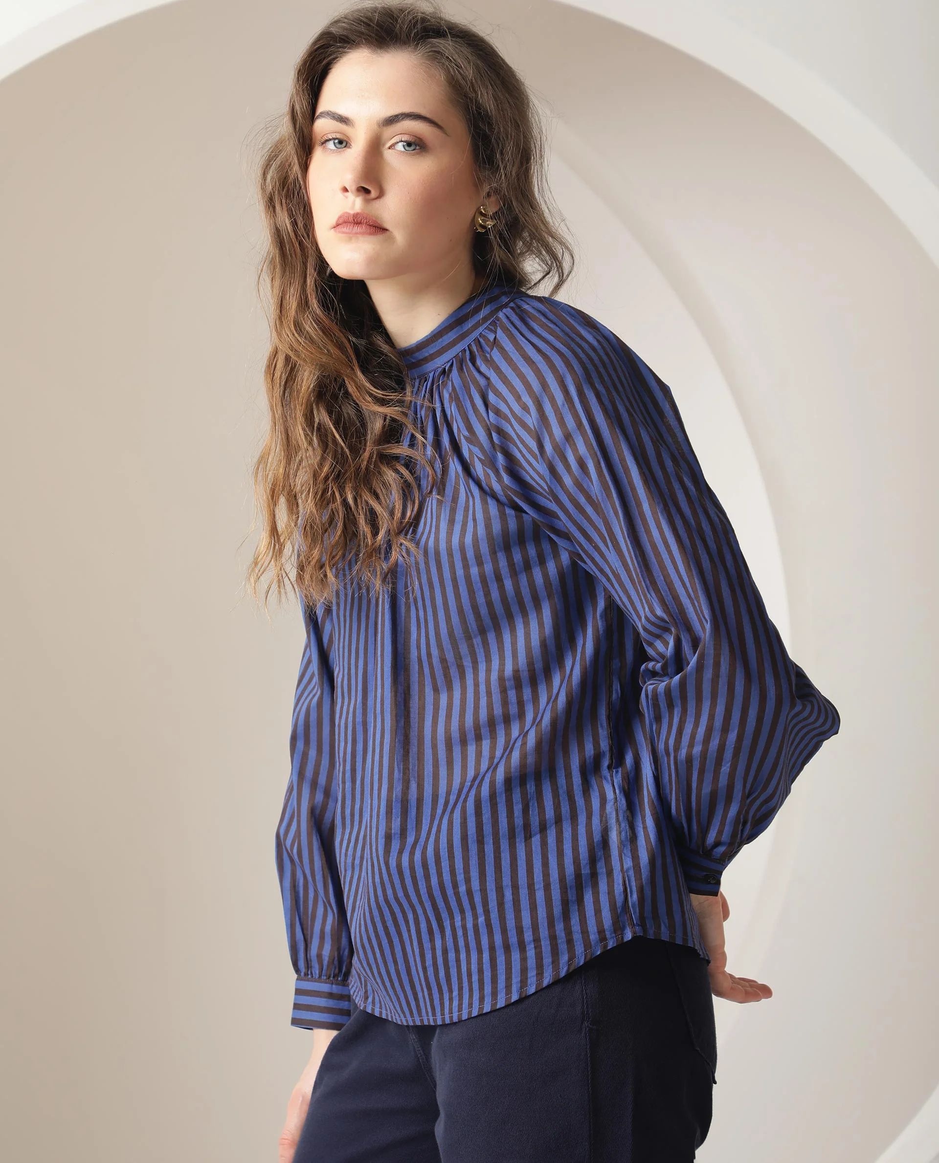 Rareism Women's Tiffany Blue Cotton High Neck Striped Volume Sleeve Relaxed Fit Top - Image 5