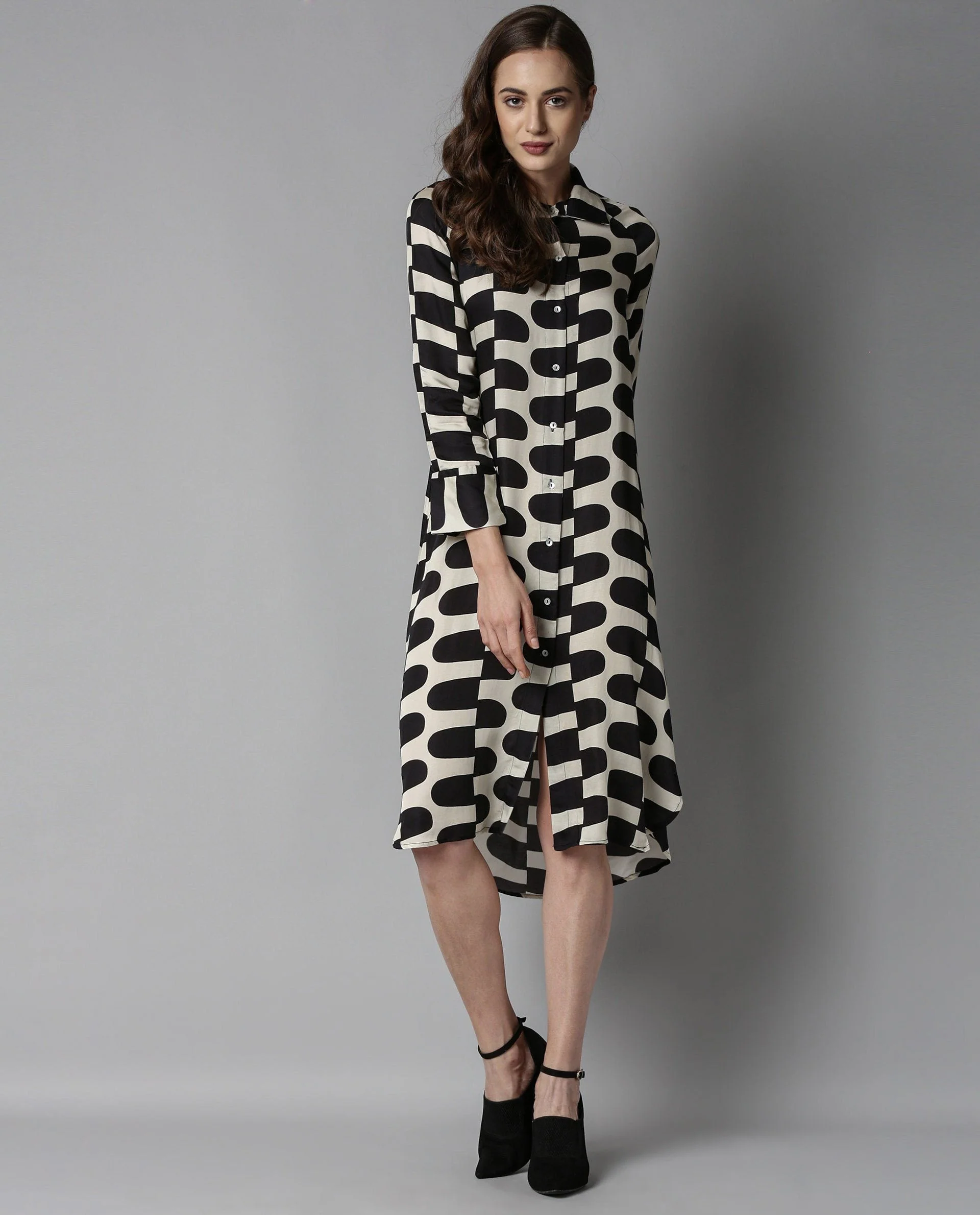 Rareism Womens Tiffi Black Dress Modal Fabric Relaxed Fit Cuffed Sleeve Collared Neck
