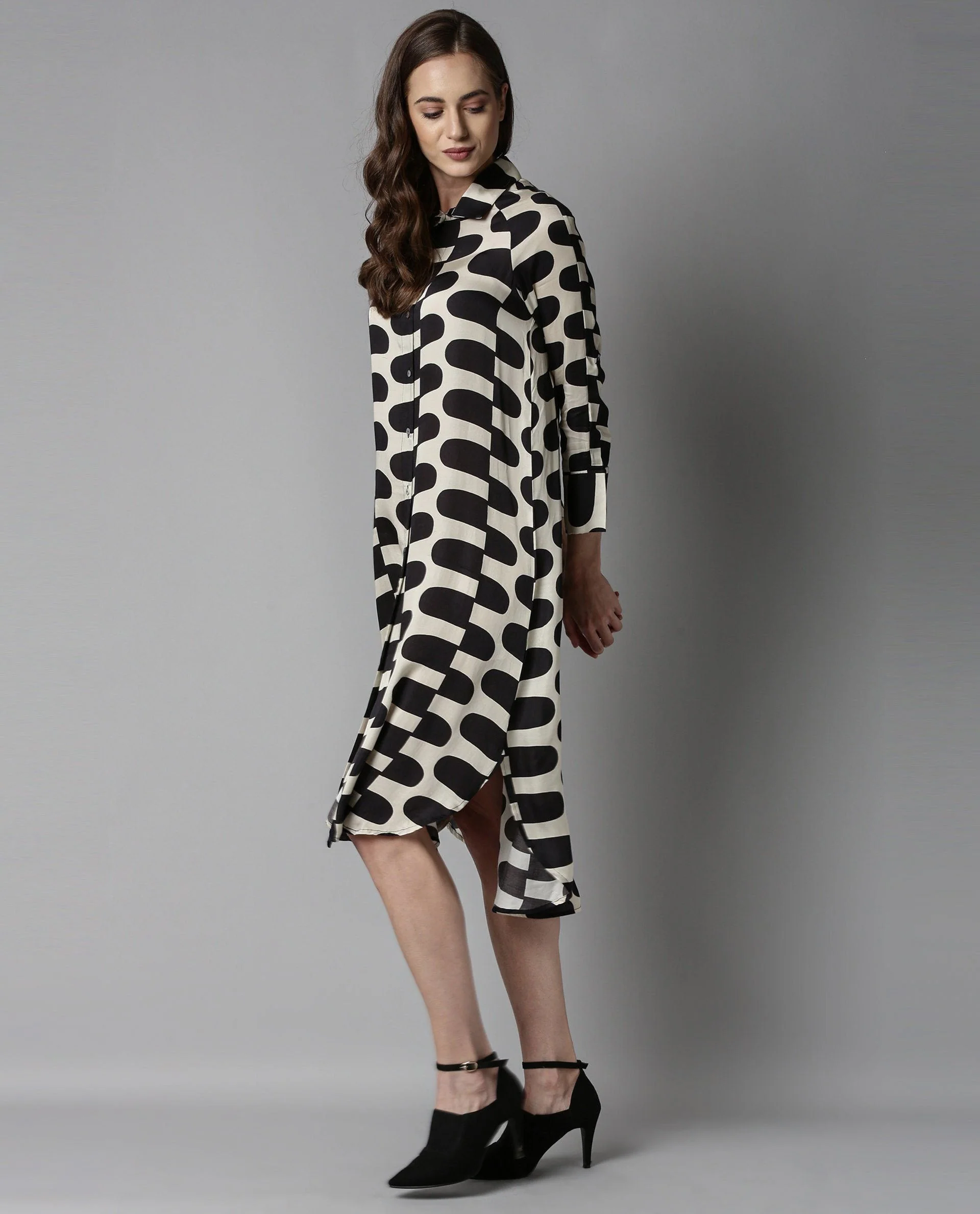 Rareism Womens Tiffi Black Dress Modal Fabric Relaxed Fit Cuffed Sleeve Collared Neck - Image 3