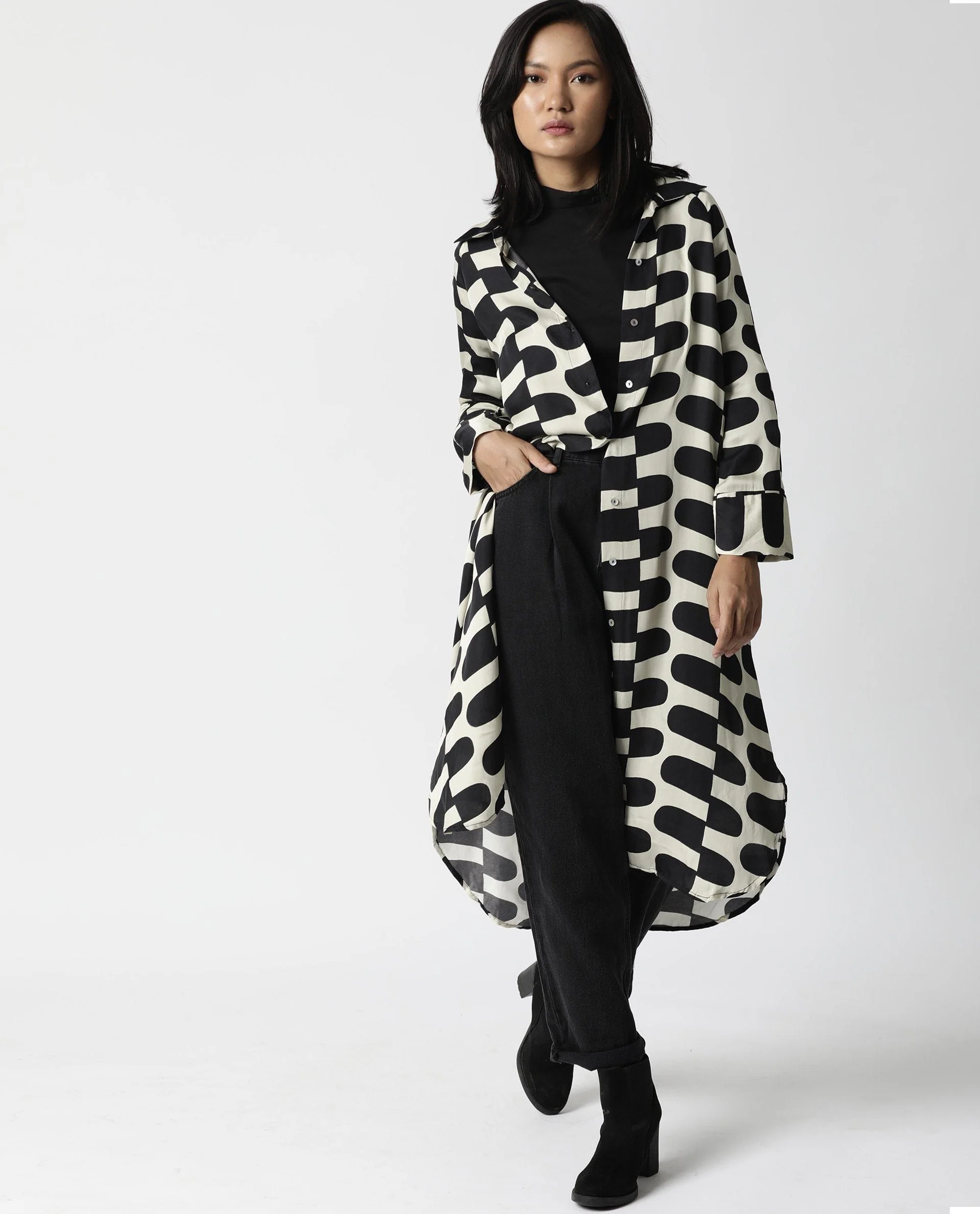 Rareism Womens Tiffi Black Dress Modal Fabric Relaxed Fit Cuffed Sleeve Collared Neck - Image 5