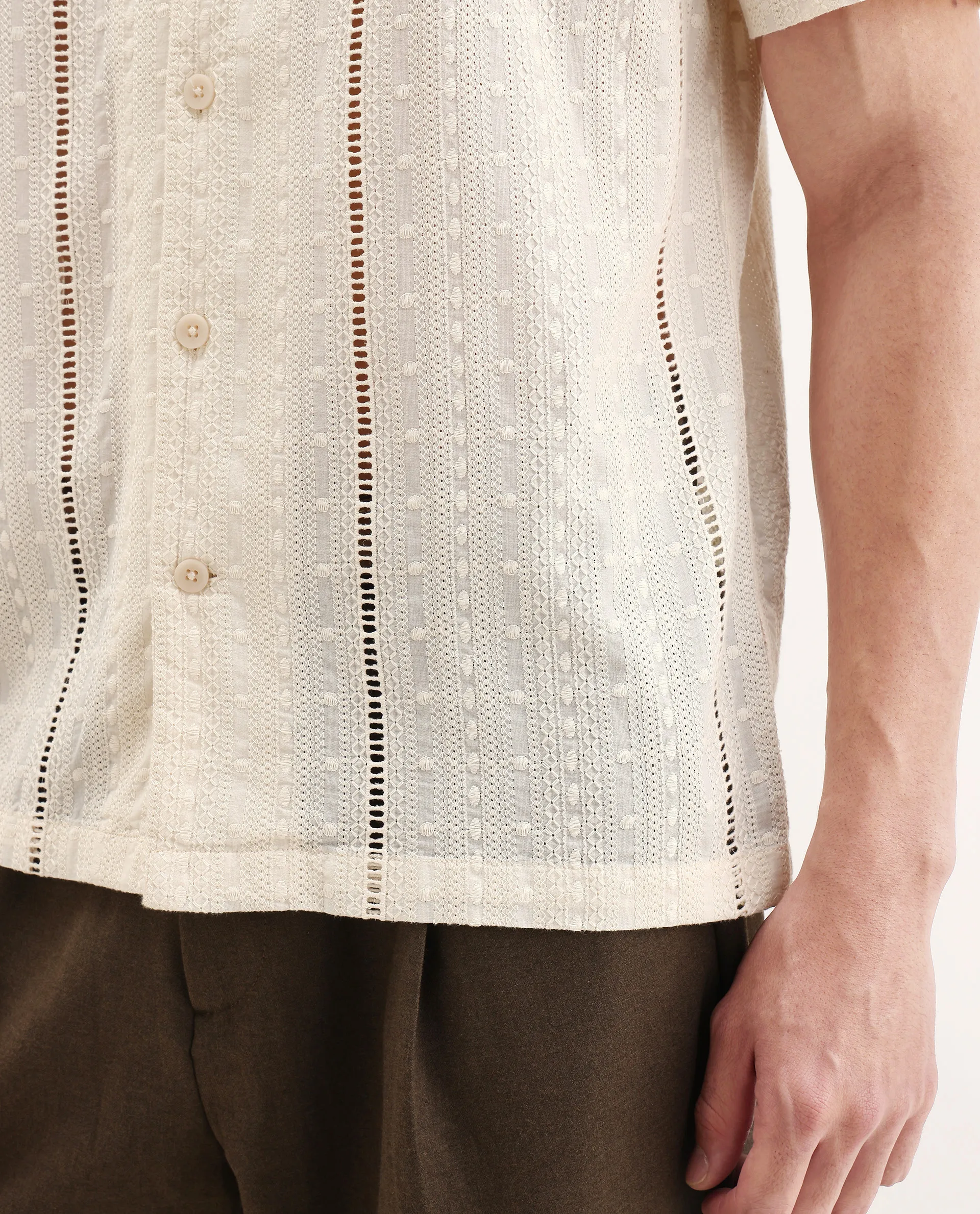 Rare Rabbit Men's Tiffy Off White Cotton Embroidered Boxy Fit Half Sleeve Cuban Collar Shirt - Image 3