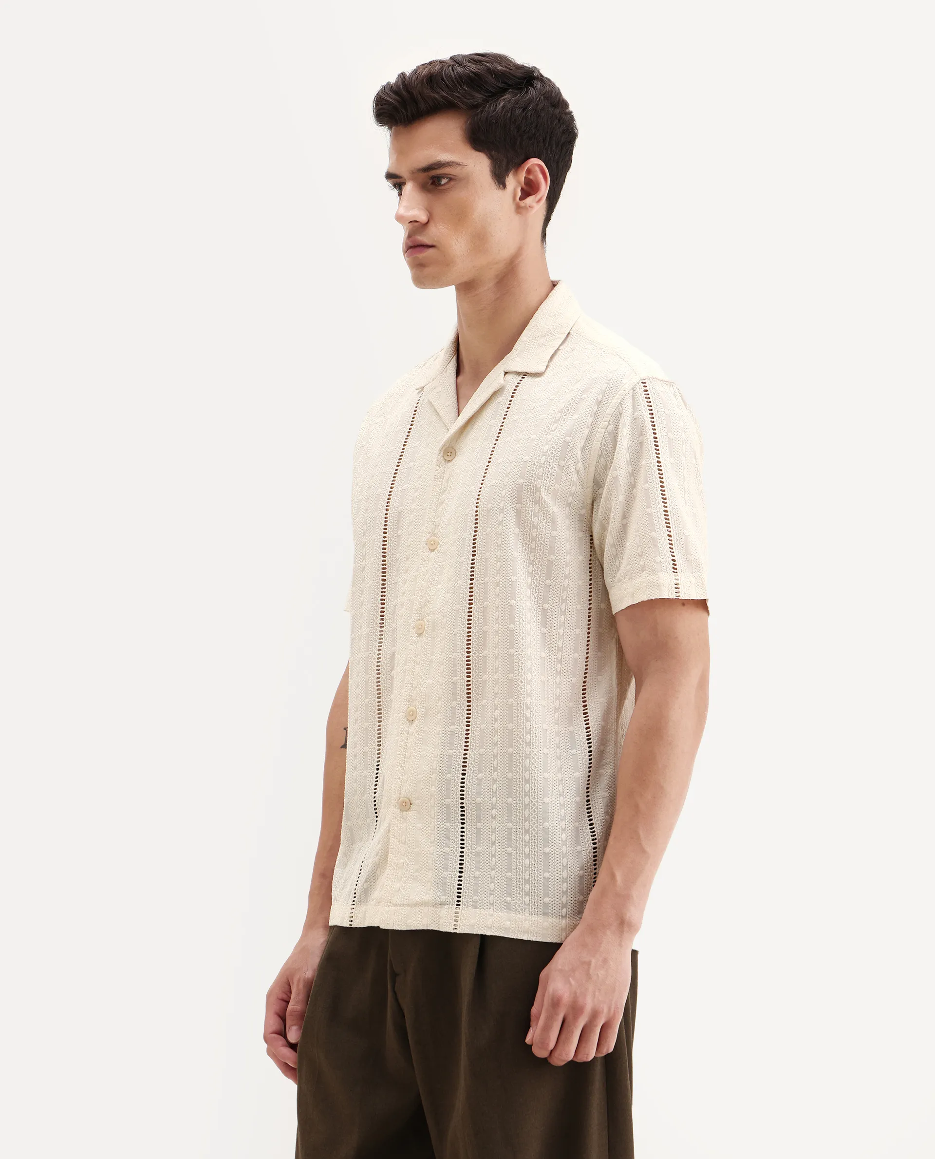 Rare Rabbit Men's Tiffy Off White Cotton Embroidered Boxy Fit Half Sleeve Cuban Collar Shirt - Image 4
