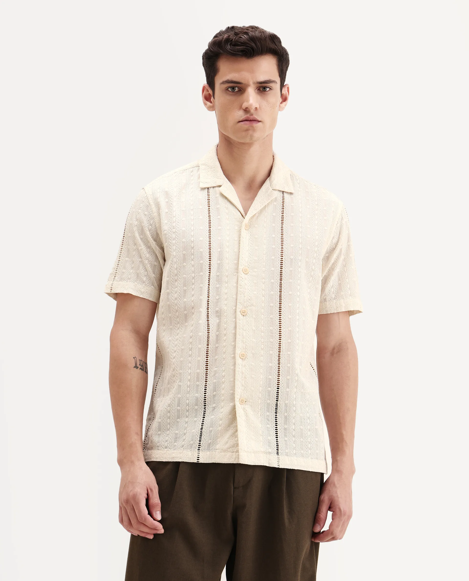 Rare Rabbit Men's Tiffy Off White Cotton Embroidered Boxy Fit Half Sleeve Cuban Collar Shirt - Image 5