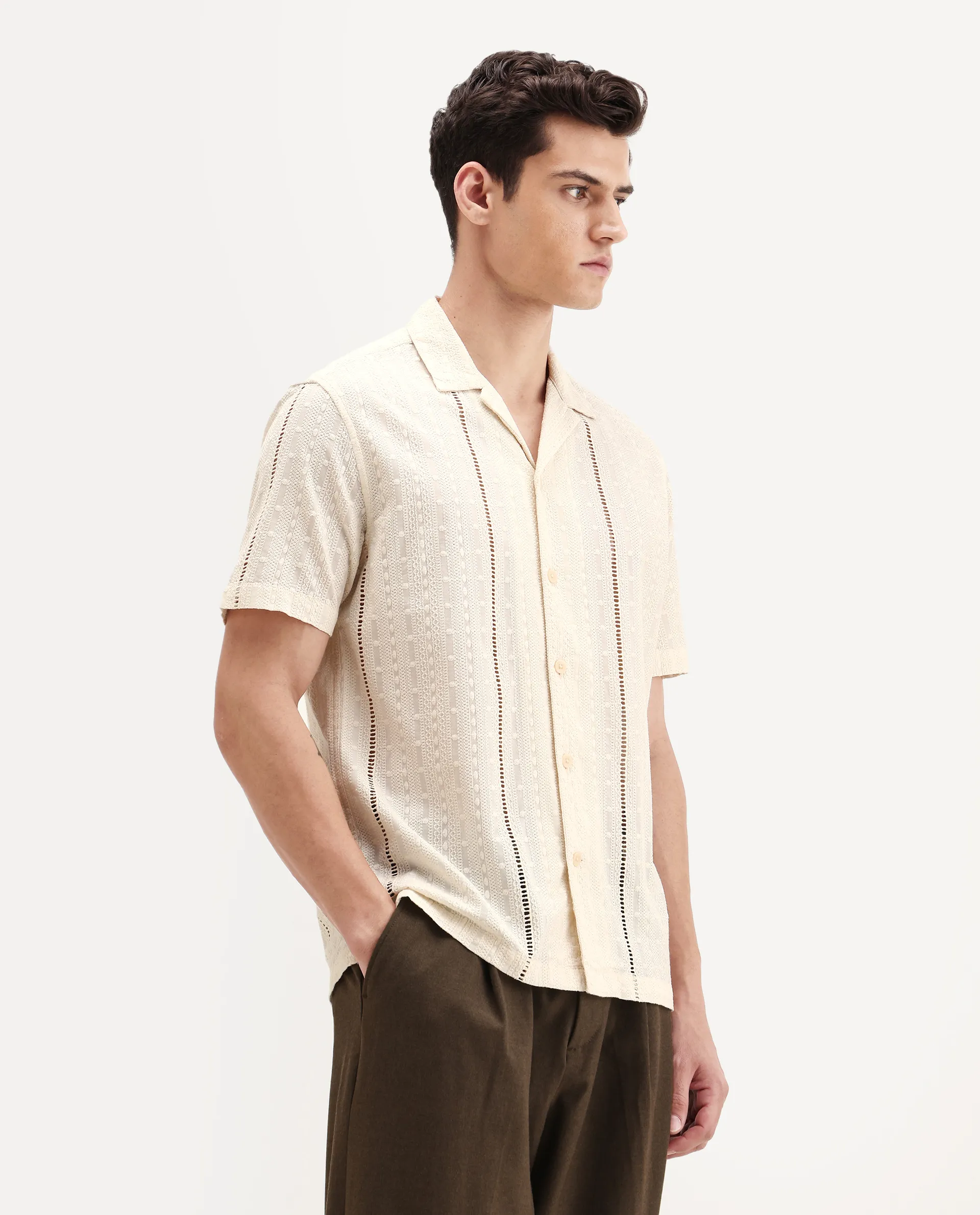 Rare Rabbit Men's Tiffy Off White Cotton Embroidered Boxy Fit Half Sleeve Cuban Collar Shirt - Image 6