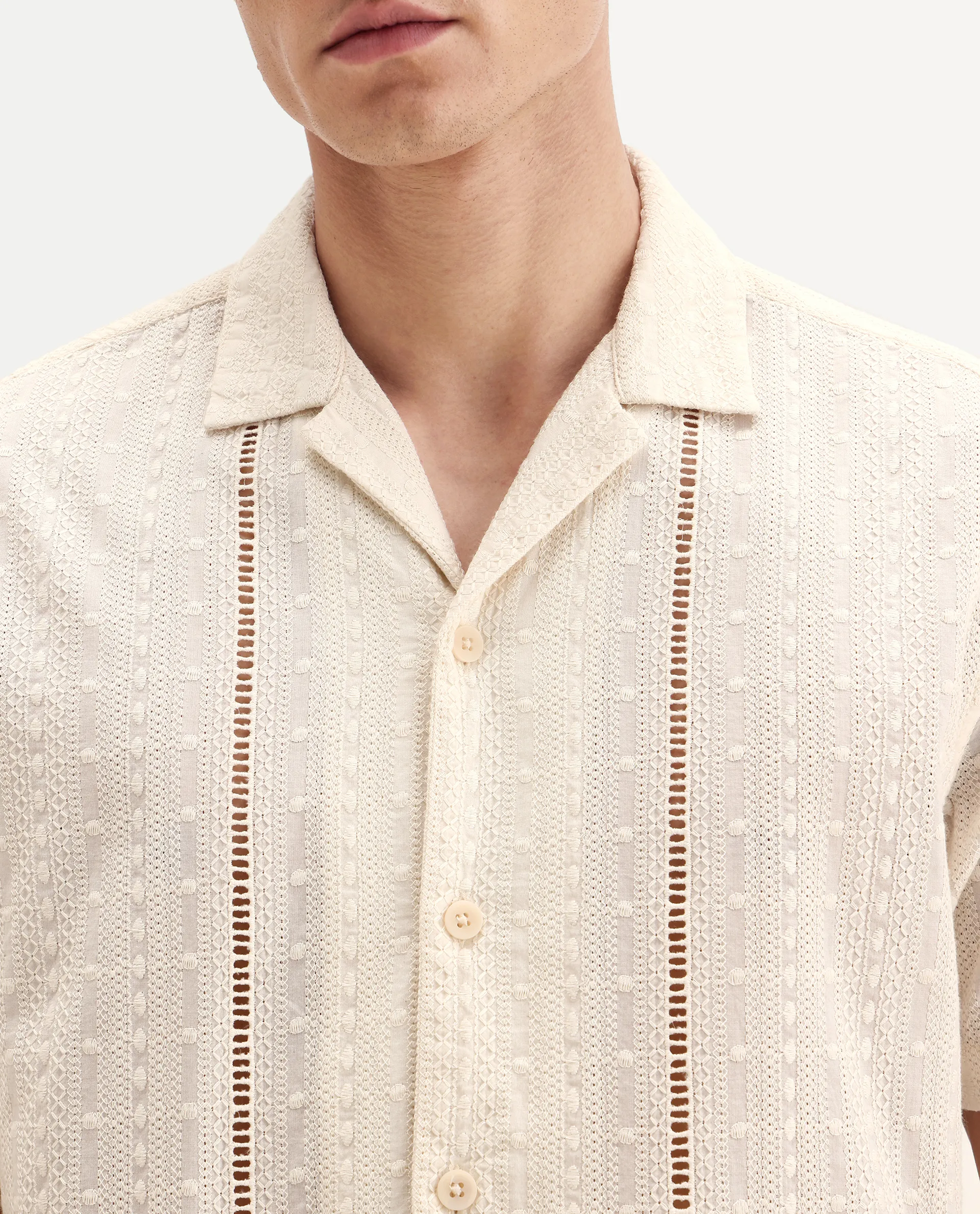 Rare Rabbit Men's Tiffy Off White Cotton Embroidered Boxy Fit Half Sleeve Cuban Collar Shirt - Image 7