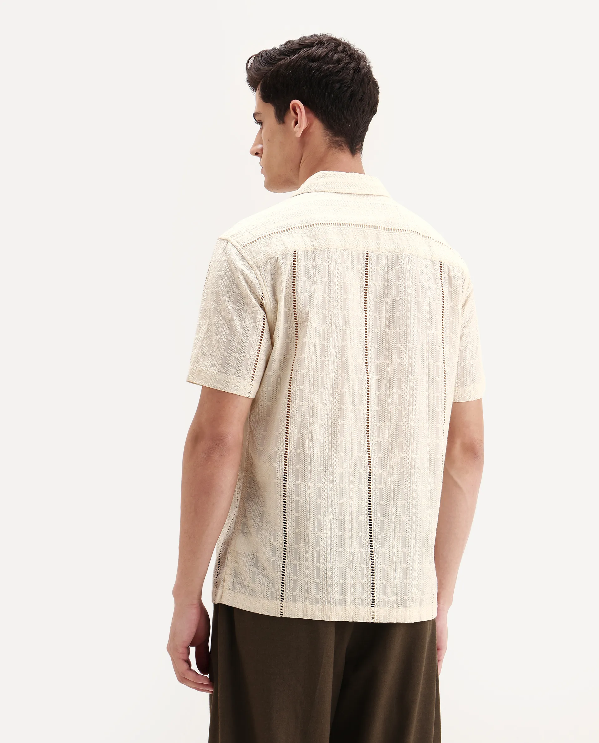 Rare Rabbit Men's Tiffy Off White Cotton Embroidered Boxy Fit Half Sleeve Cuban Collar Shirt - Image 8
