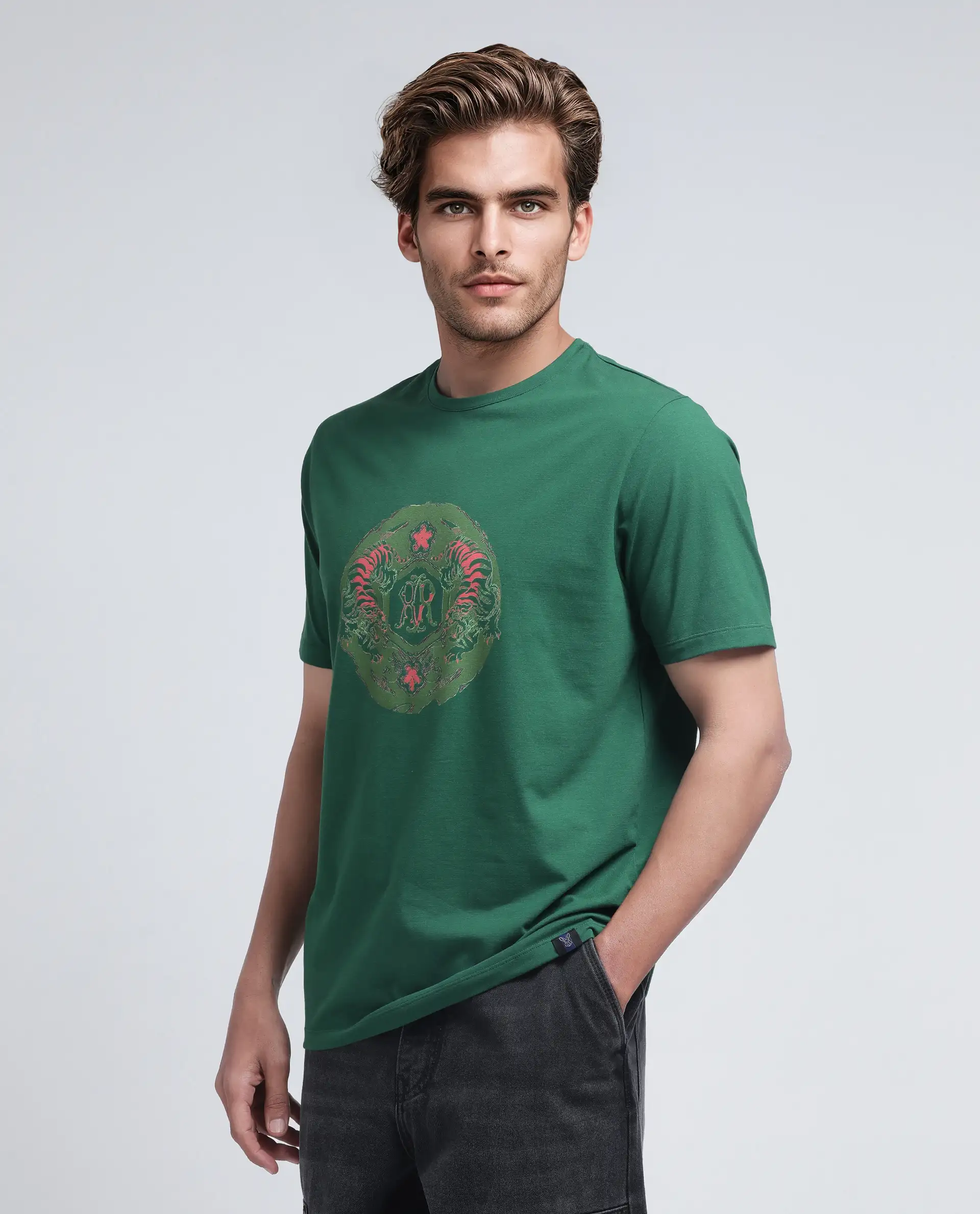 Rare Rabbit Men's Tig Olive Cotton Blend Graphic Print Regular Fit Half Sleeve Crew Neck T-Shirt - Image 2