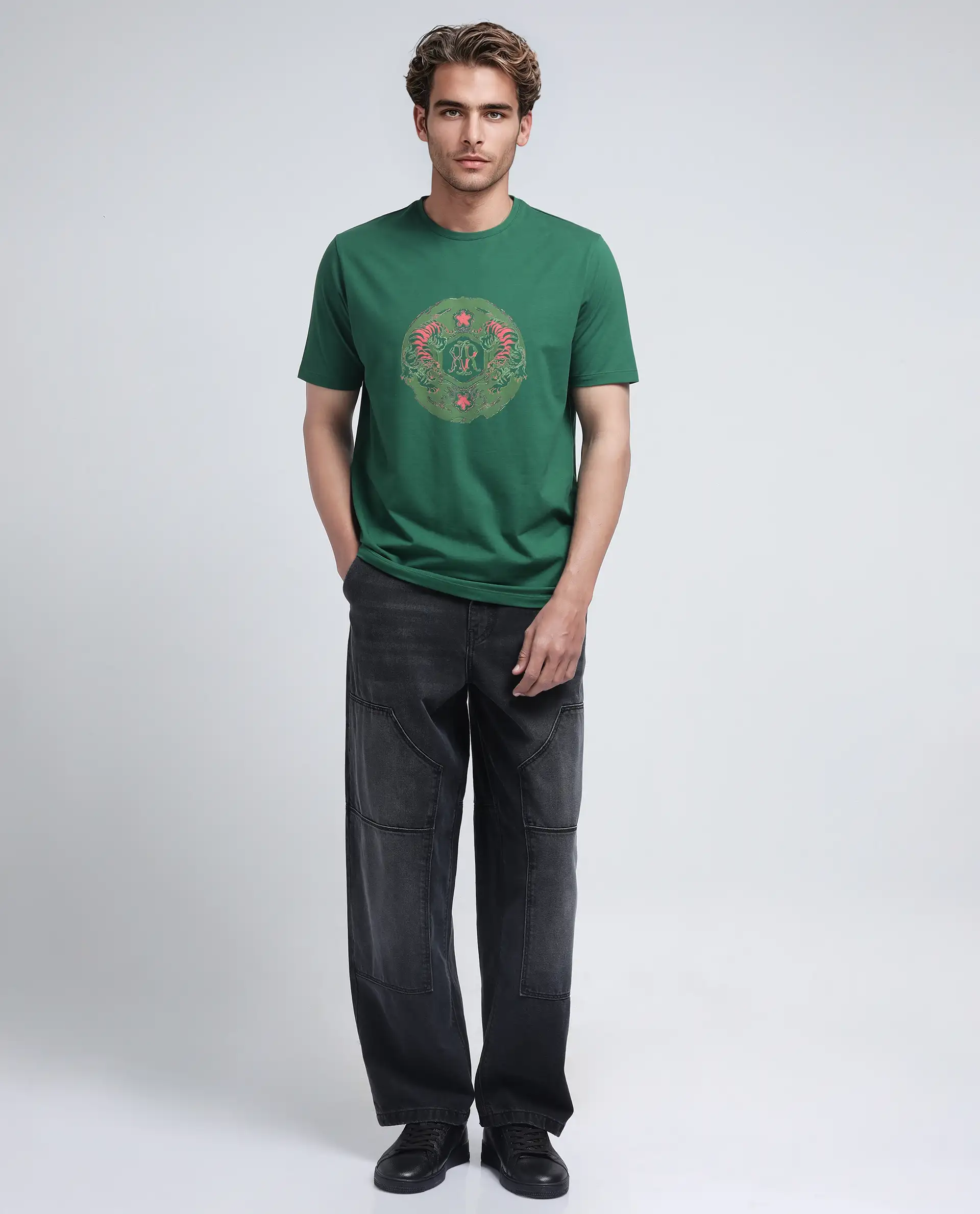 Rare Rabbit Men's Tig Olive Cotton Blend Graphic Print Regular Fit Half Sleeve Crew Neck T-Shirt - Image 3