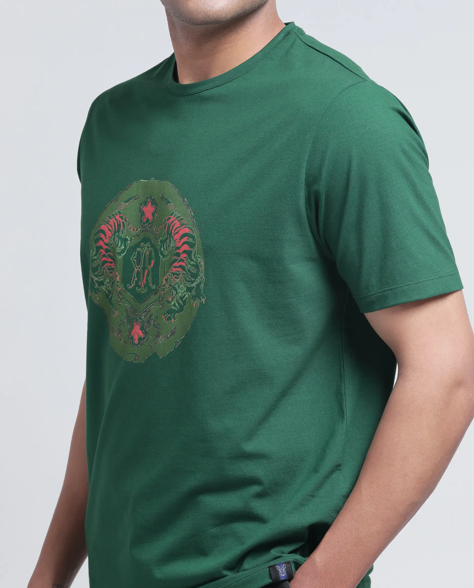 Rare Rabbit Men's Tig Olive Cotton Blend Graphic Print Regular Fit Half Sleeve Crew Neck T-Shirt - Image 4