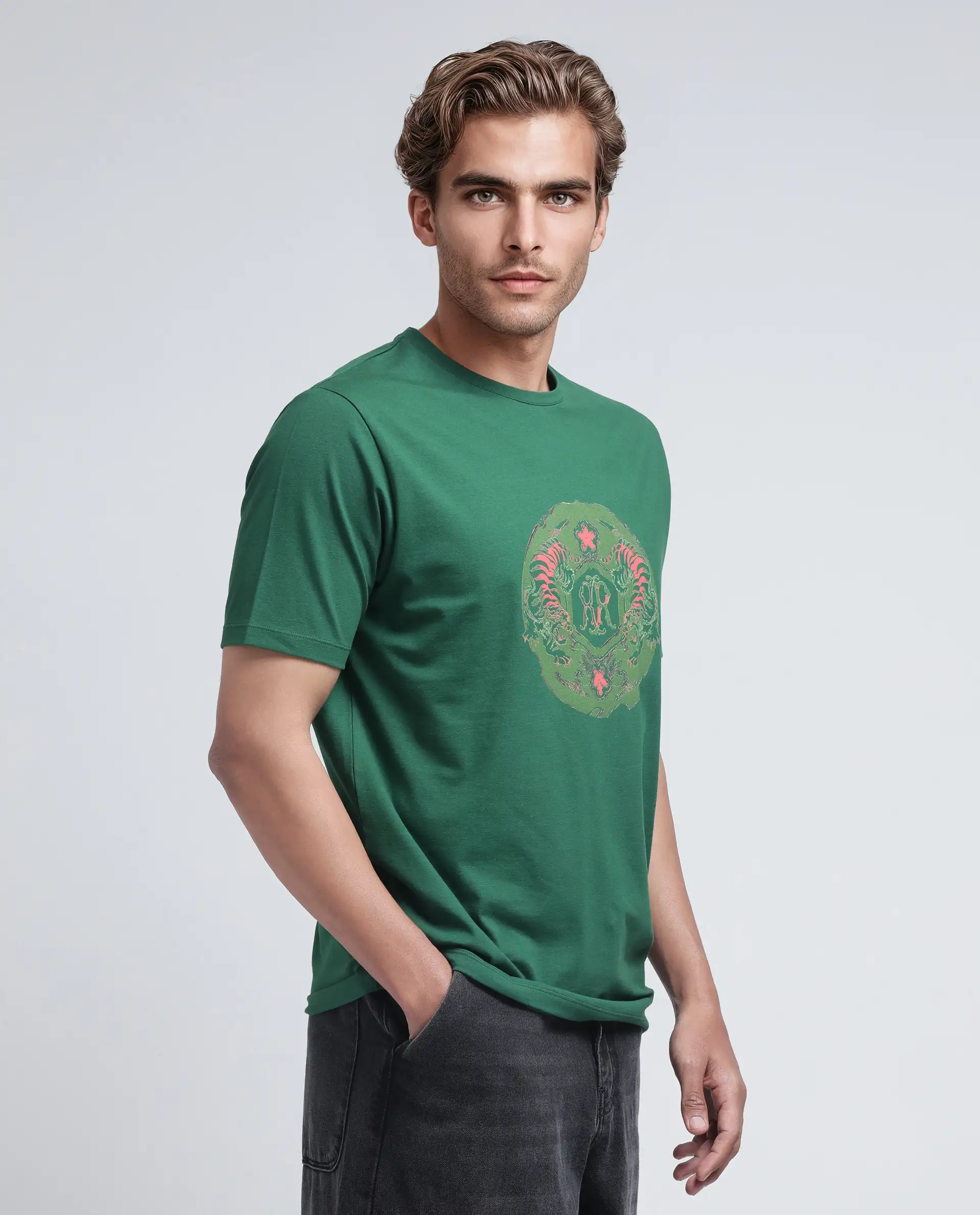 Rare Rabbit Men's Tig Olive Cotton Blend Graphic Print Regular Fit Half Sleeve Crew Neck T-Shirt - Image 6