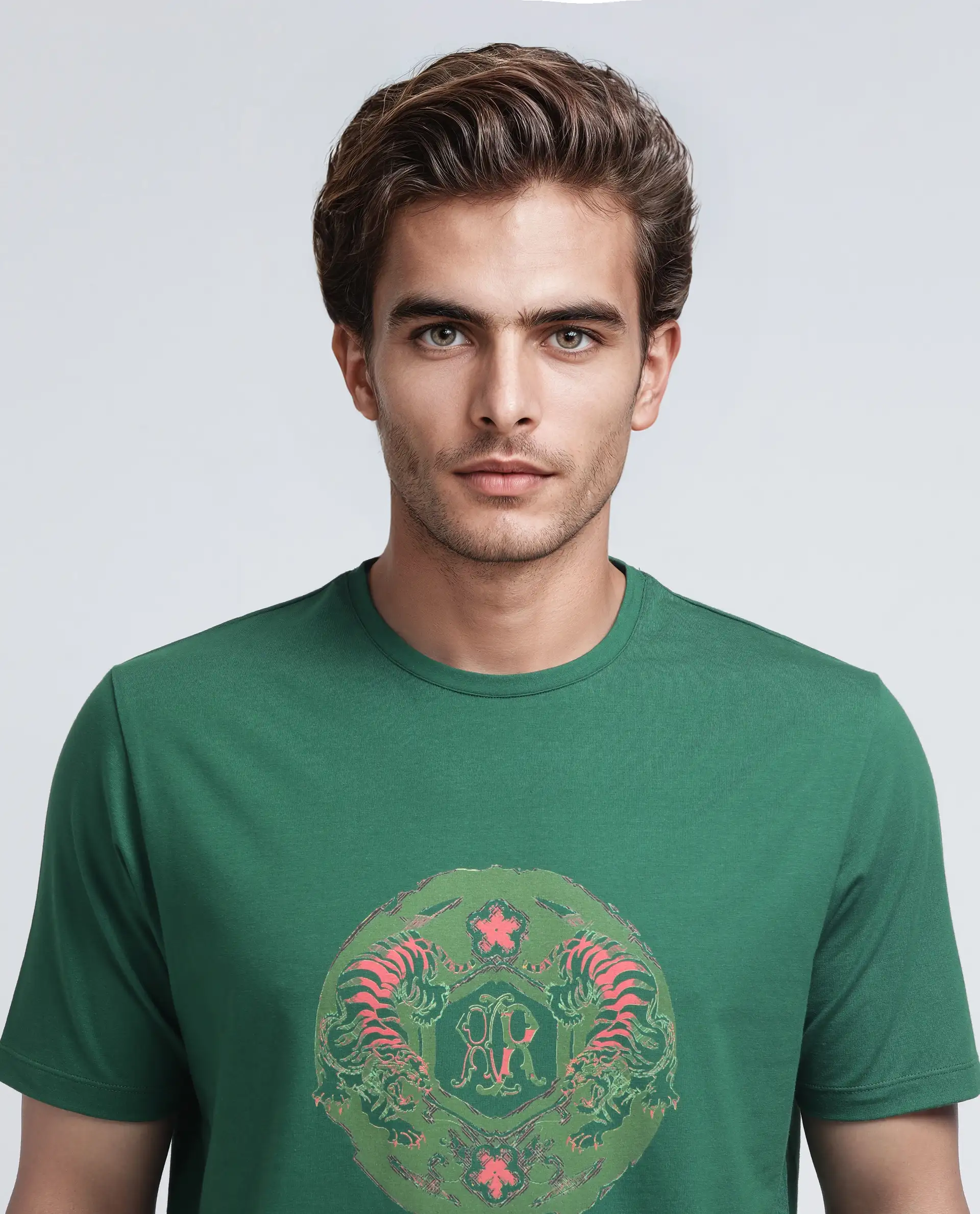 Rare Rabbit Men's Tig Olive Cotton Blend Graphic Print Regular Fit Half Sleeve Crew Neck T-Shirt - Image 7