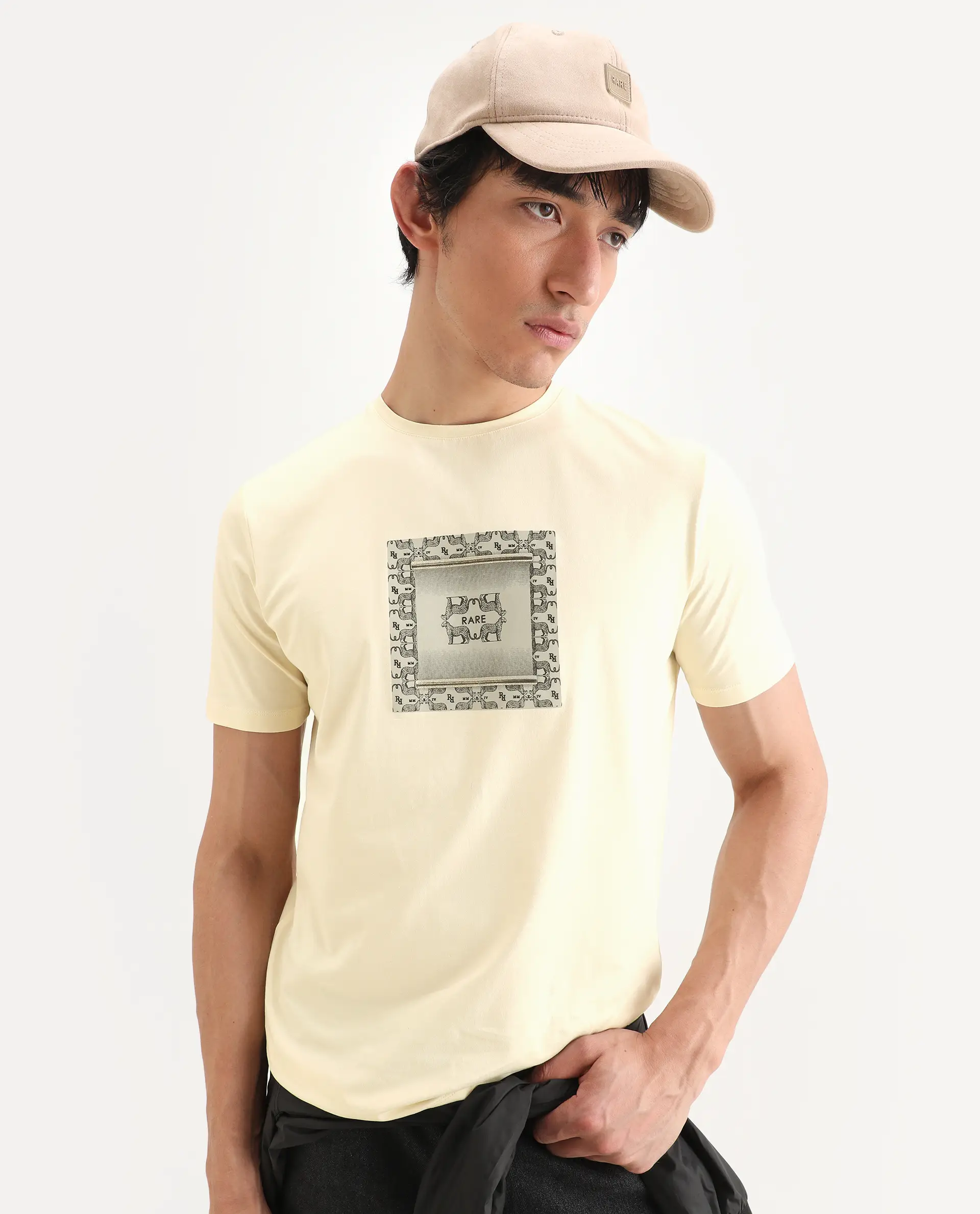 Rare Rabbit Men's Tigo Pastel Yellow Cotton Blend Fabric Half Sleeve Crew Neck Regular Fit Graphic Print T-Shirt
