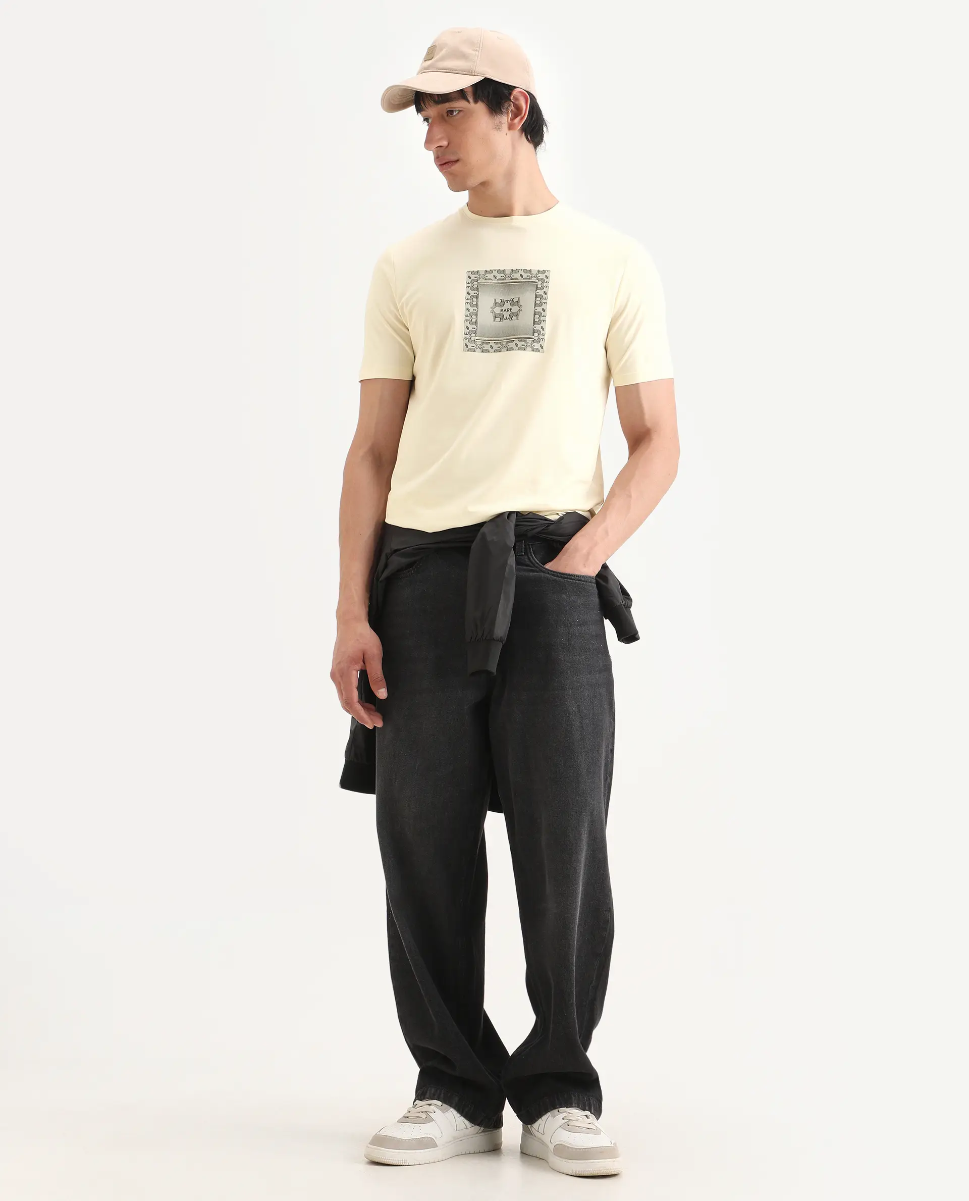 Rare Rabbit Men's Tigo Pastel Yellow Cotton Blend Fabric Half Sleeve Crew Neck Regular Fit Graphic Print T-Shirt - Image 2