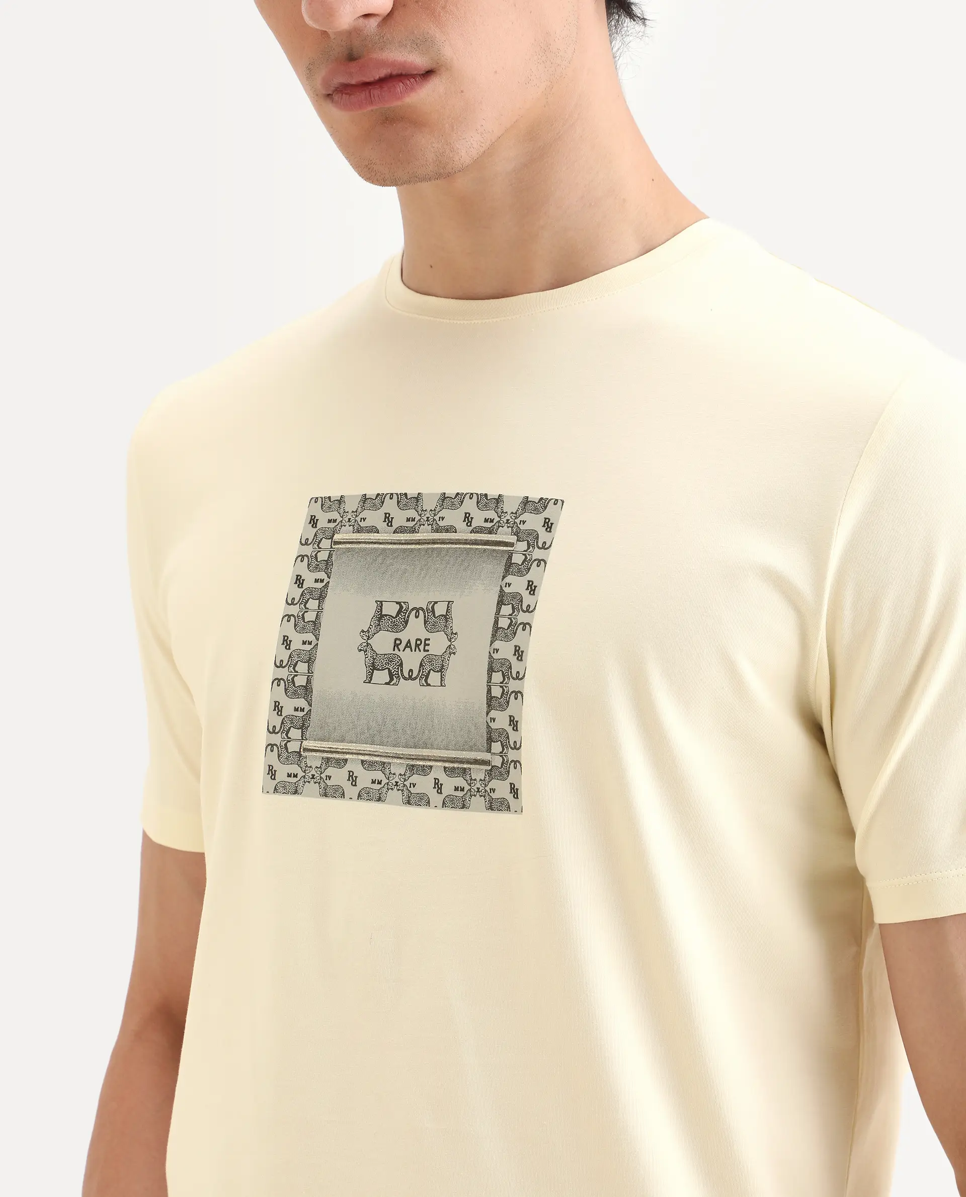 Rare Rabbit Men's Tigo Pastel Yellow Cotton Blend Fabric Half Sleeve Crew Neck Regular Fit Graphic Print T-Shirt - Image 3