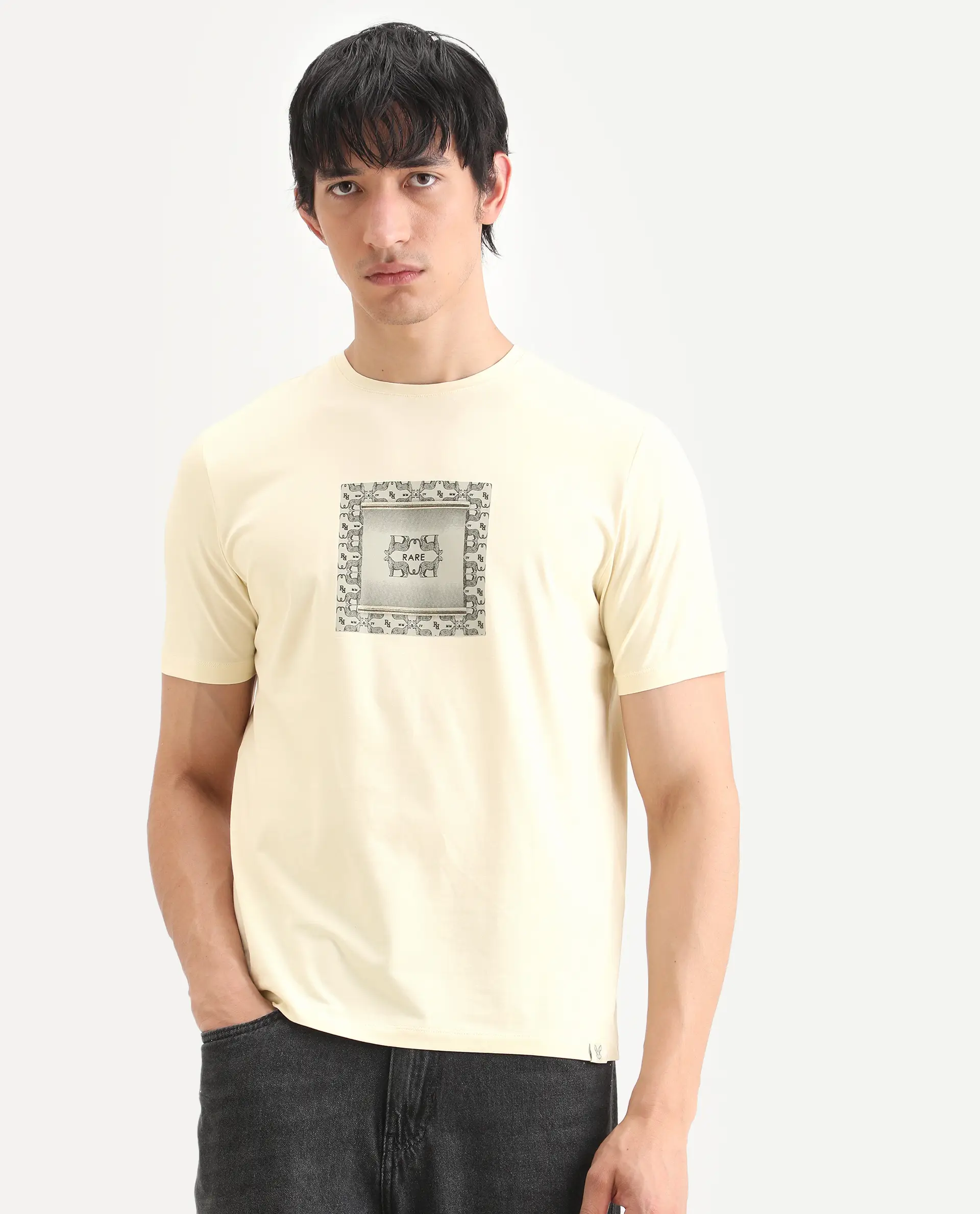 Rare Rabbit Men's Tigo Pastel Yellow Cotton Blend Fabric Half Sleeve Crew Neck Regular Fit Graphic Print T-Shirt - Image 4