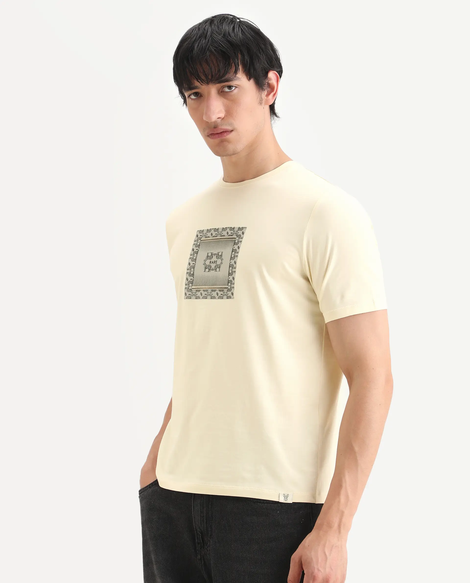 Rare Rabbit Men's Tigo Pastel Yellow Cotton Blend Fabric Half Sleeve Crew Neck Regular Fit Graphic Print T-Shirt - Image 5