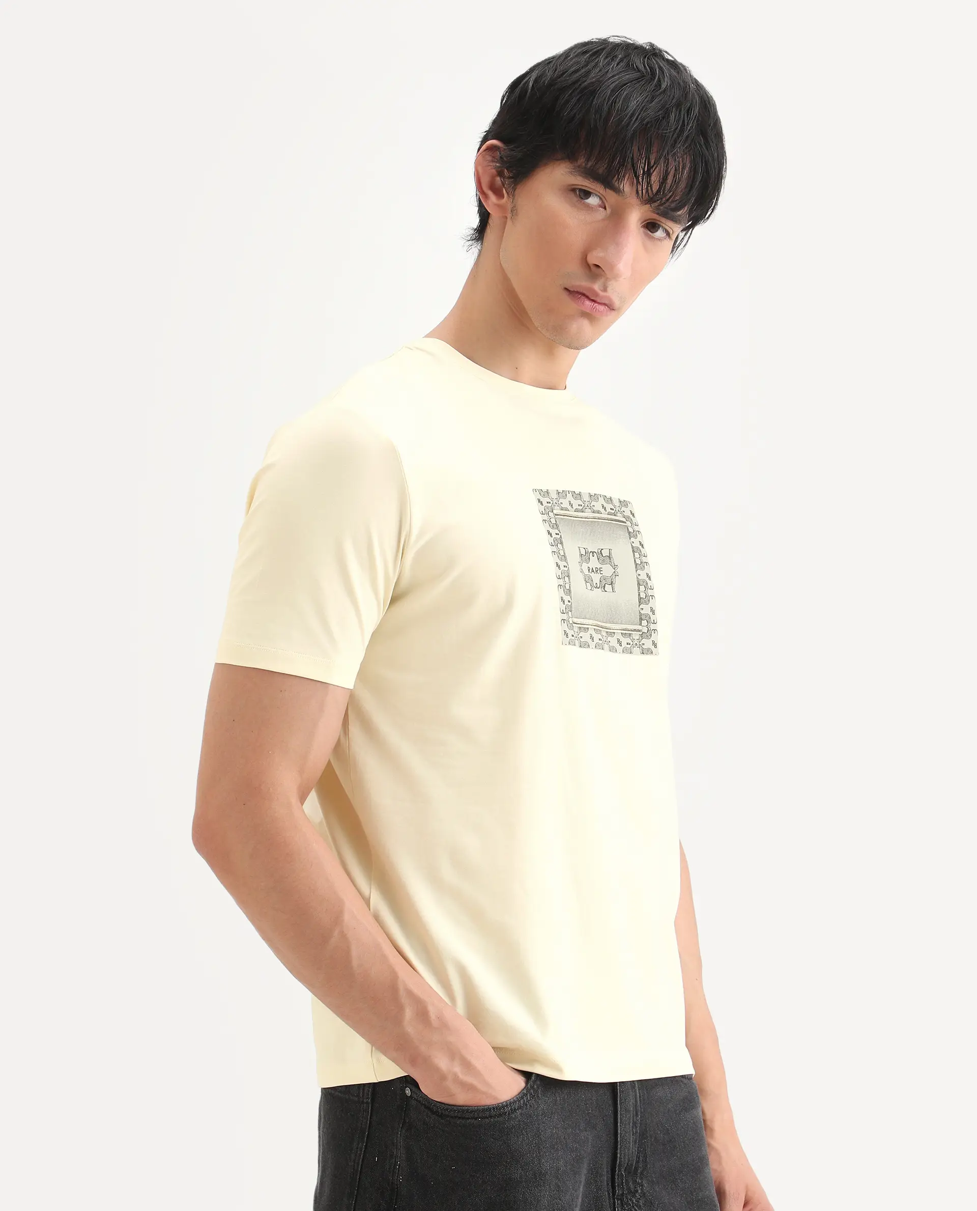 Rare Rabbit Men's Tigo Pastel Yellow Cotton Blend Fabric Half Sleeve Crew Neck Regular Fit Graphic Print T-Shirt - Image 6