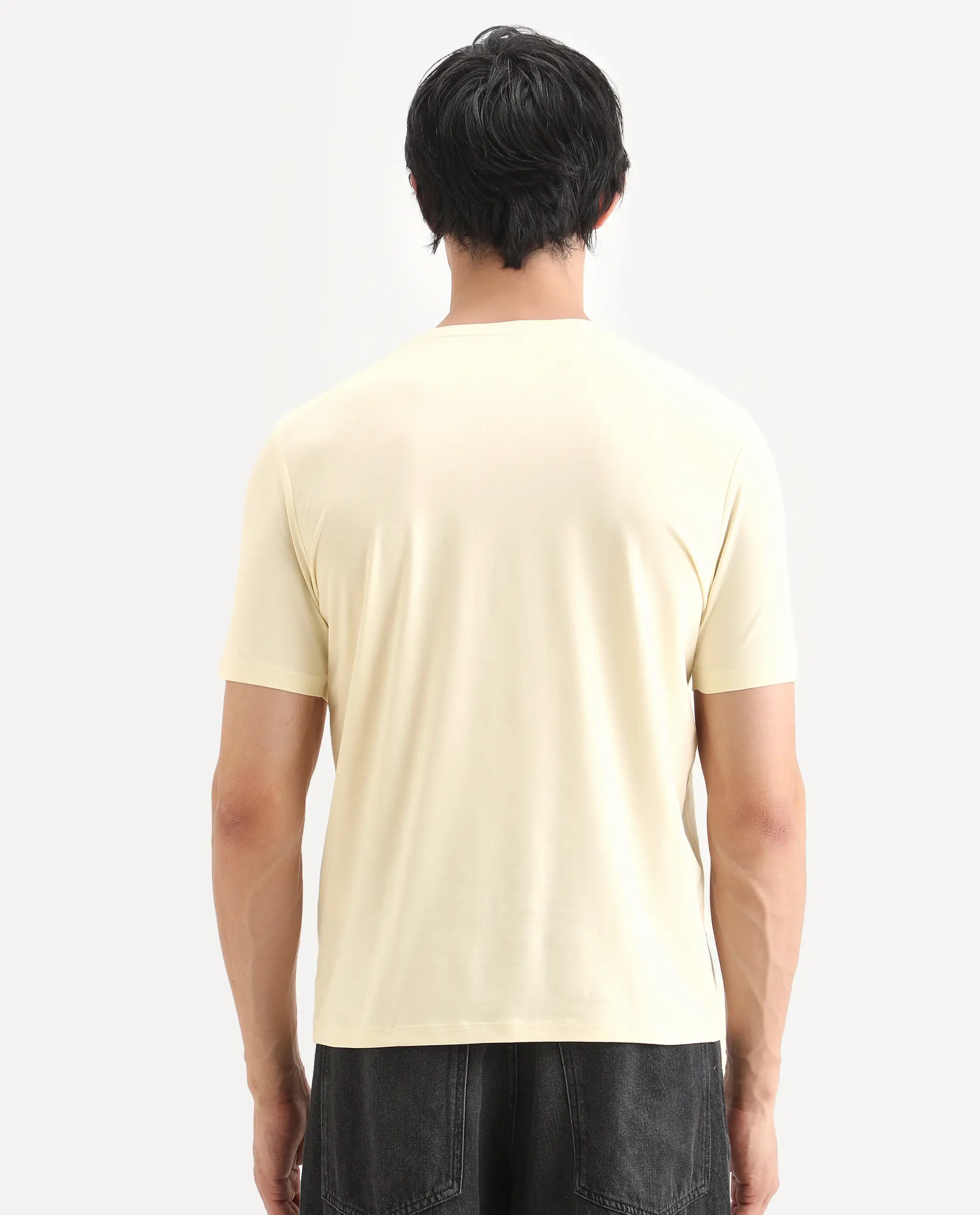 Rare Rabbit Men's Tigo Pastel Yellow Cotton Blend Fabric Half Sleeve Crew Neck Regular Fit Graphic Print T-Shirt - Image 7