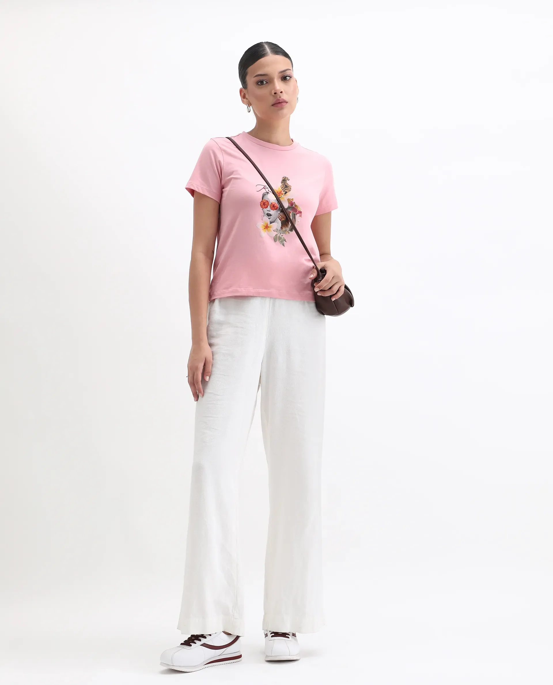 Rareism Women's Tigo Light Pink Cotton Blend Crew Neck Graphic Print Regular Fit T-Shirt - Image 2
