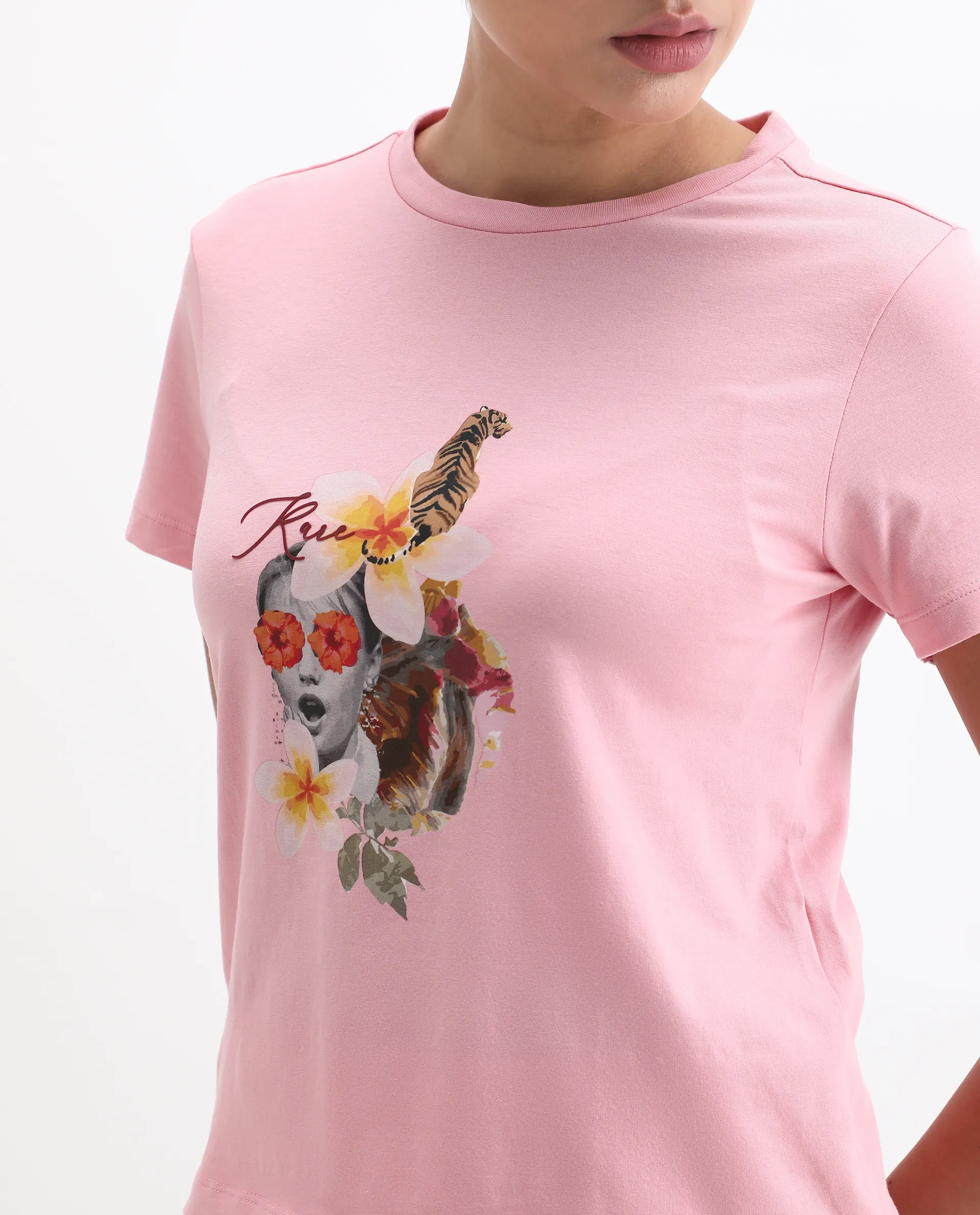 Rareism Women's Tigo Light Pink Cotton Blend Crew Neck Graphic Print Regular Fit T-Shirt - Image 3