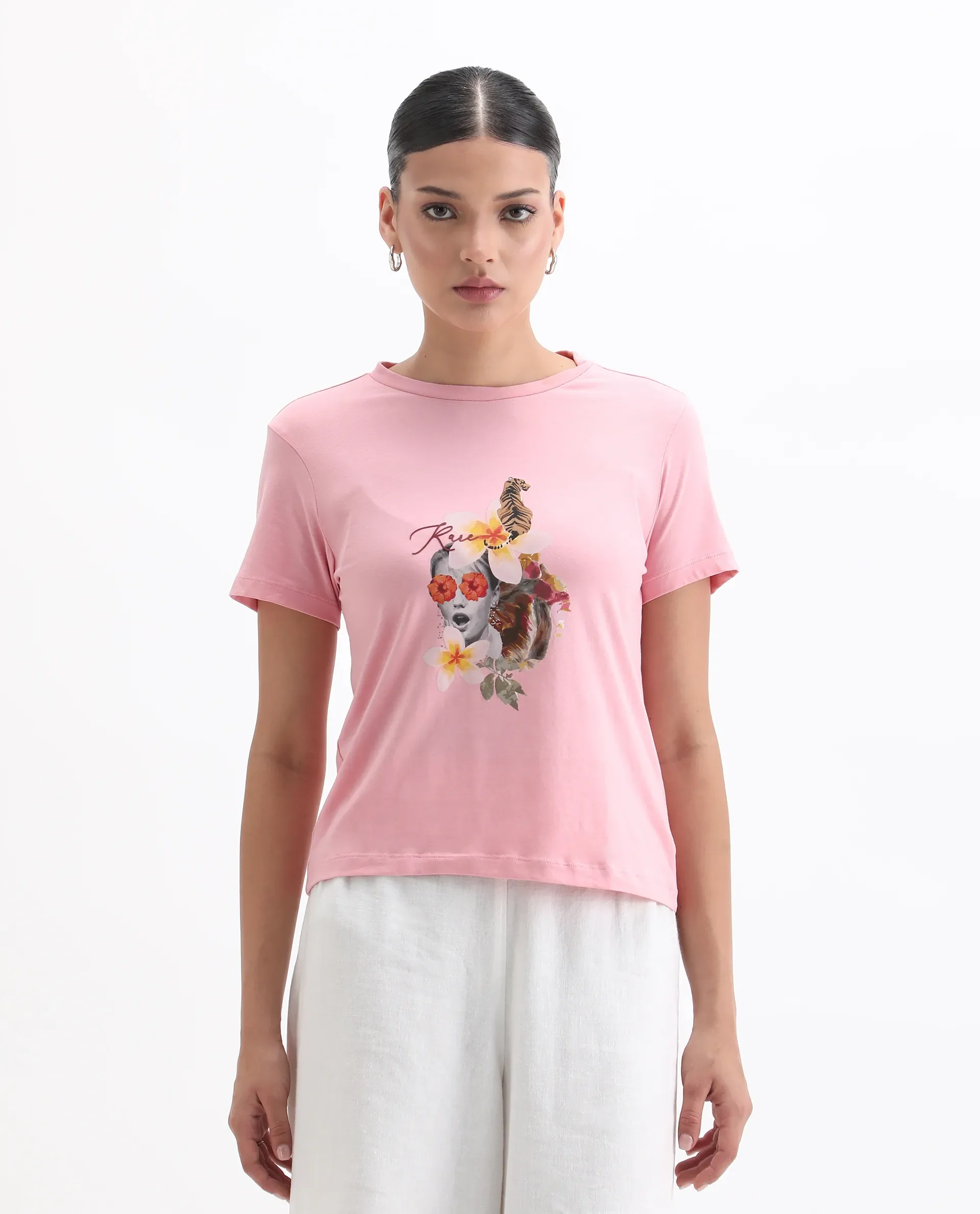 Rareism Women's Tigo Light Pink Cotton Blend Crew Neck Graphic Print Regular Fit T-Shirt - Image 4