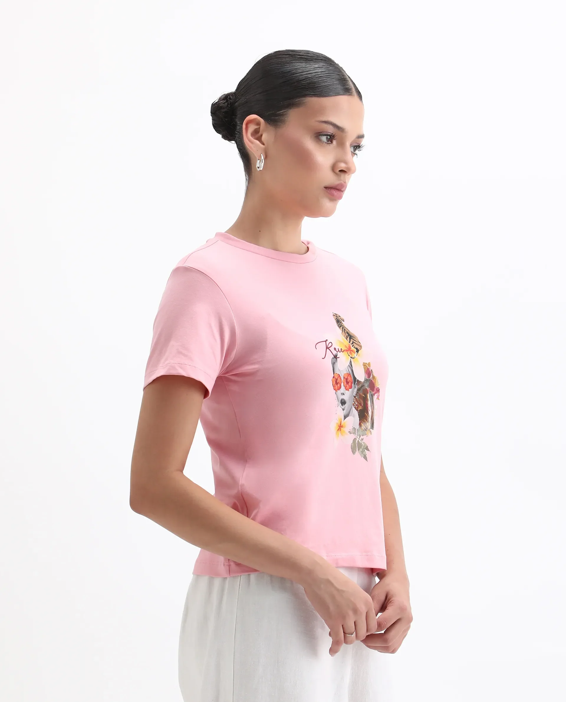 Rareism Women's Tigo Light Pink Cotton Blend Crew Neck Graphic Print Regular Fit T-Shirt - Image 5