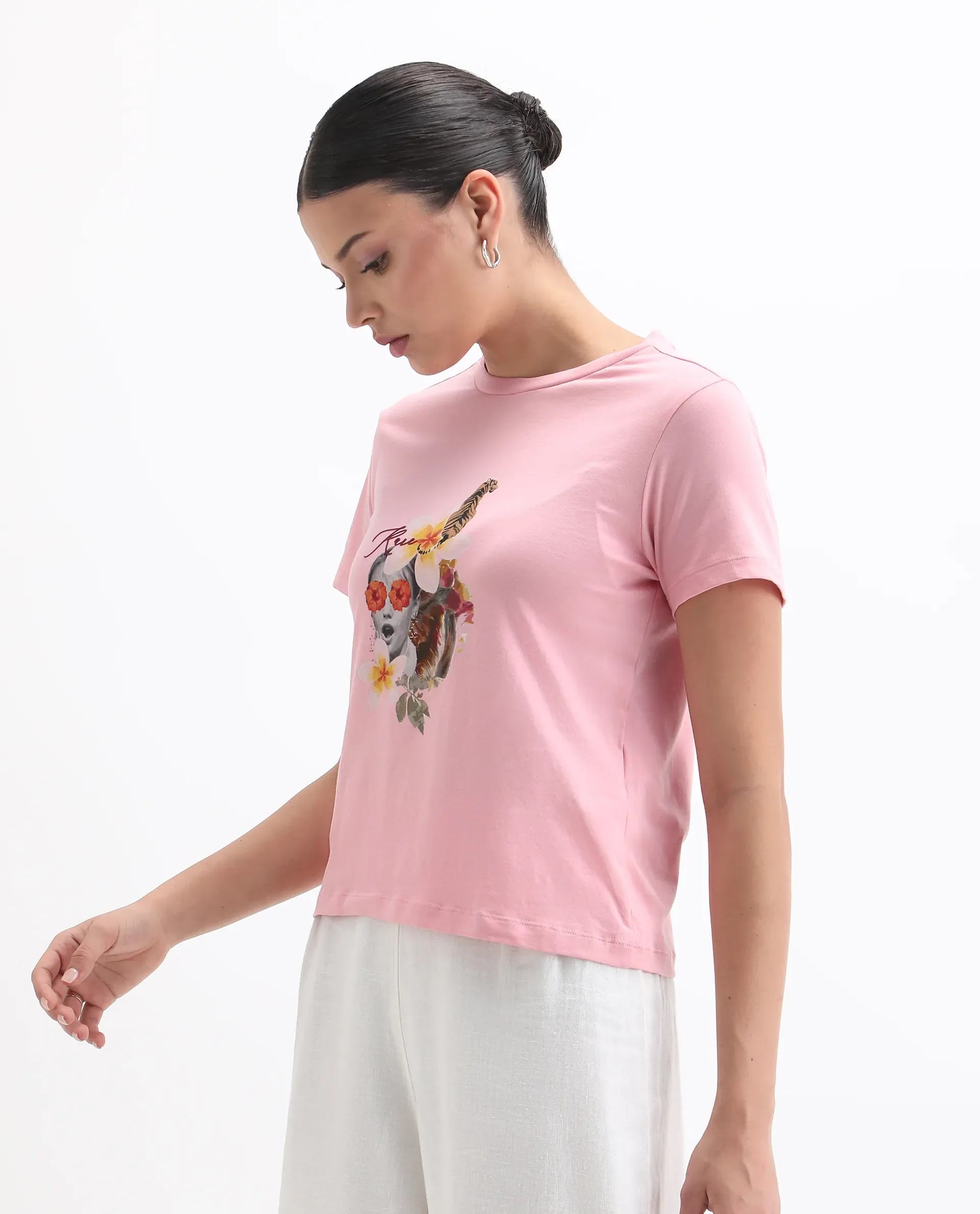 Rareism Women's Tigo Light Pink Cotton Blend Crew Neck Graphic Print Regular Fit T-Shirt - Image 6