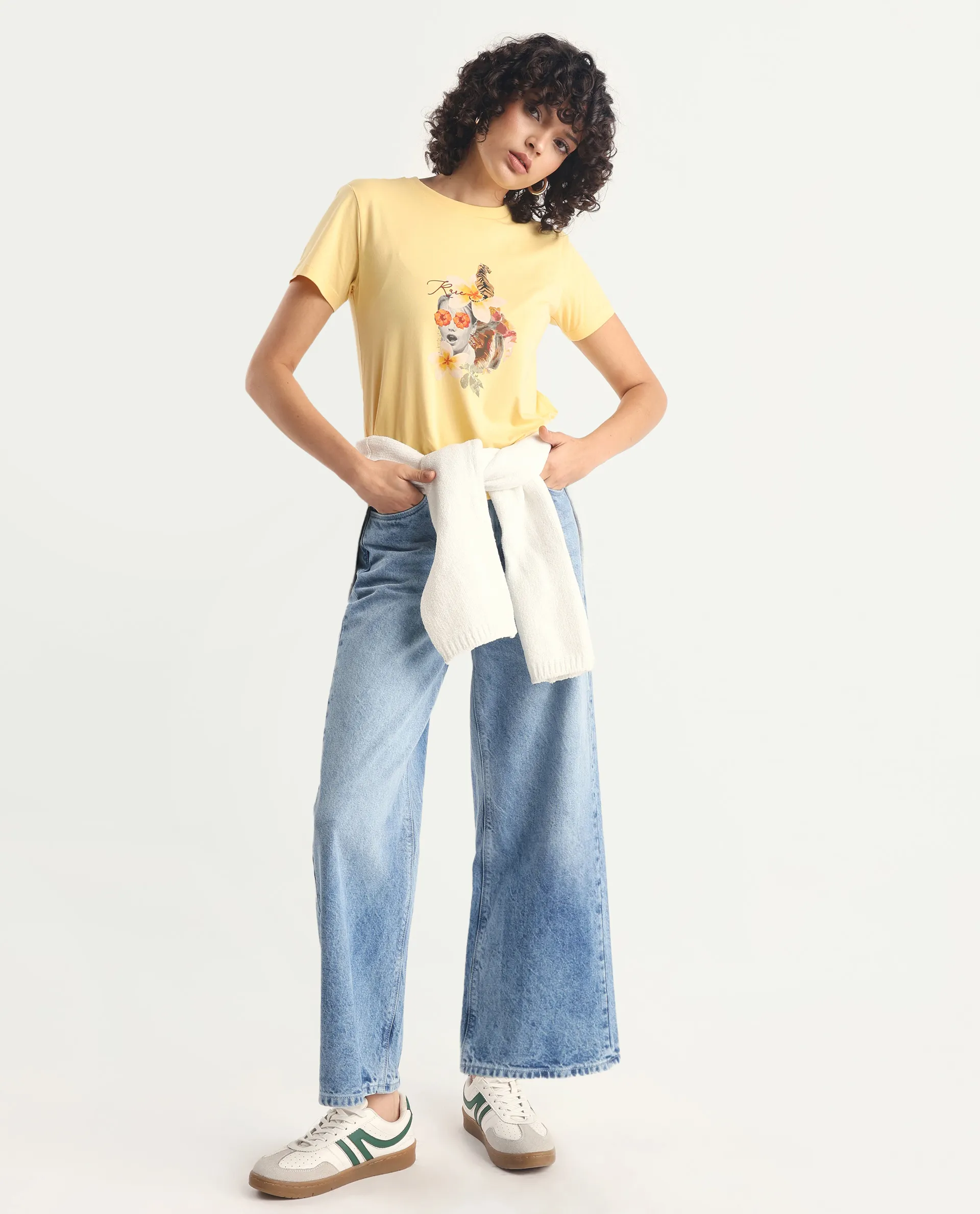 Rareism Women's Tigo Light Yellow Cotton Blend Crew Neck Graphic Print Regular Fit T-Shirt - Image 2