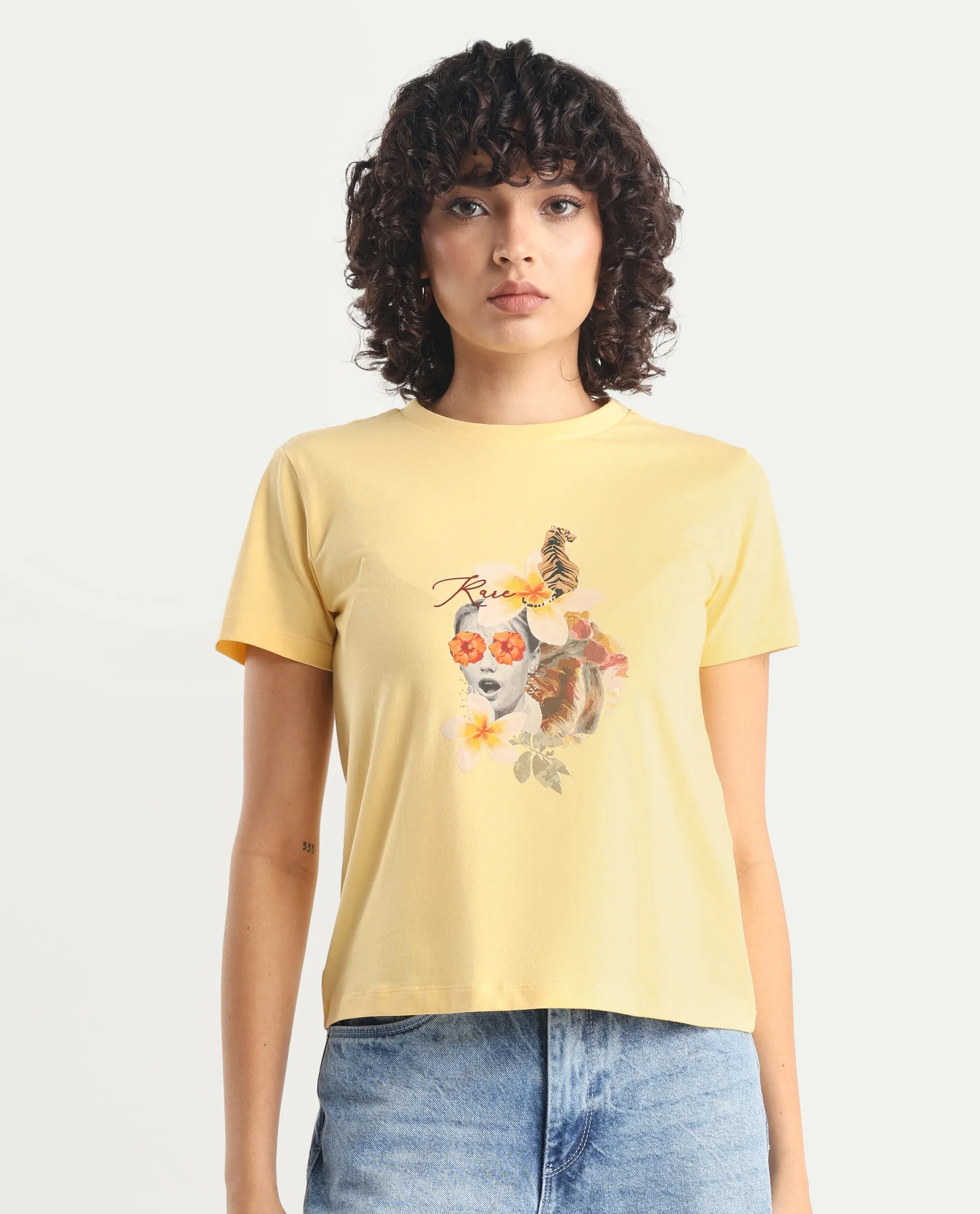 Rareism Women's Tigo Light Yellow Cotton Blend Crew Neck Graphic Print Regular Fit T-Shirt - Image 4