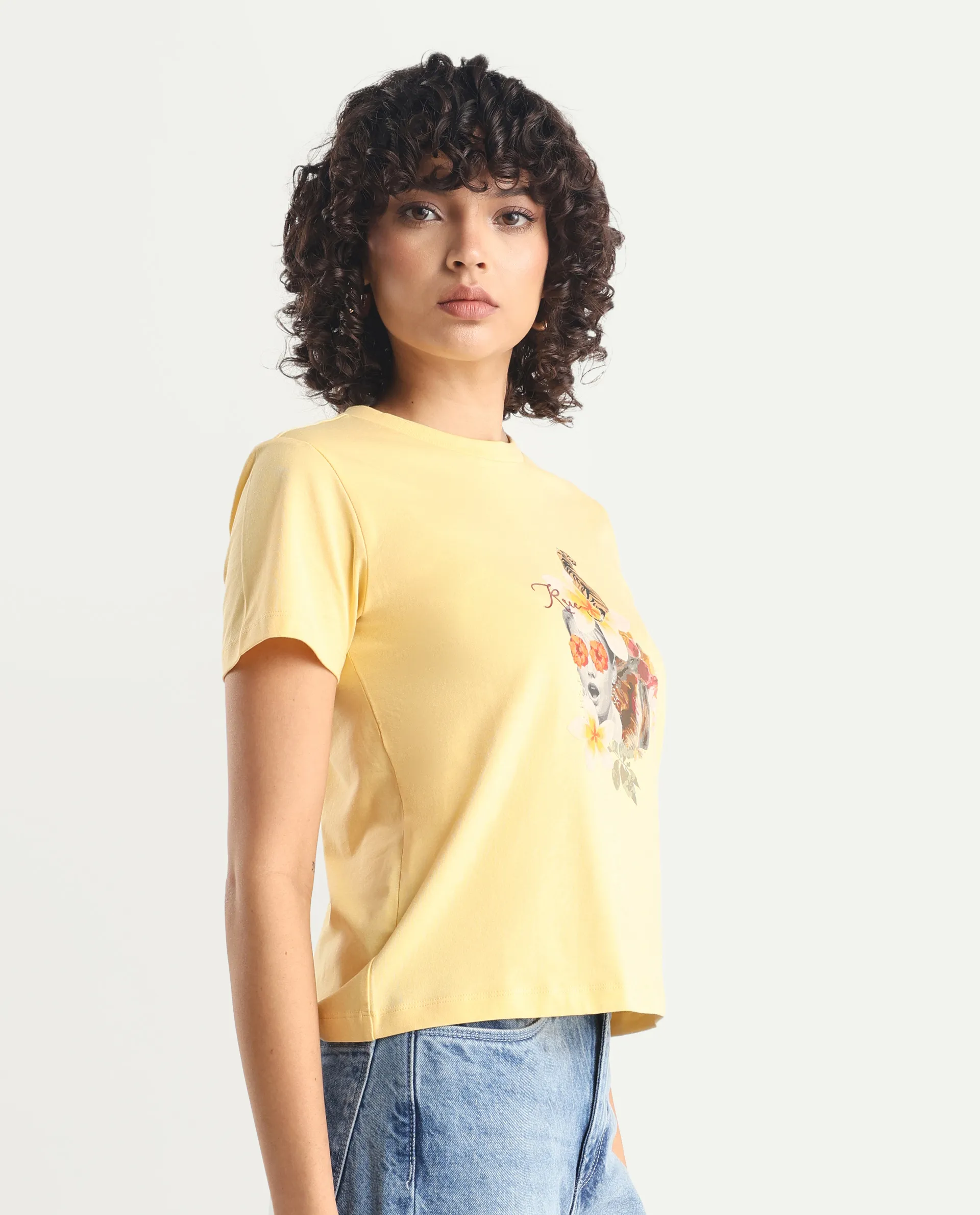 Rareism Women's Tigo Light Yellow Cotton Blend Crew Neck Graphic Print Regular Fit T-Shirt - Image 5