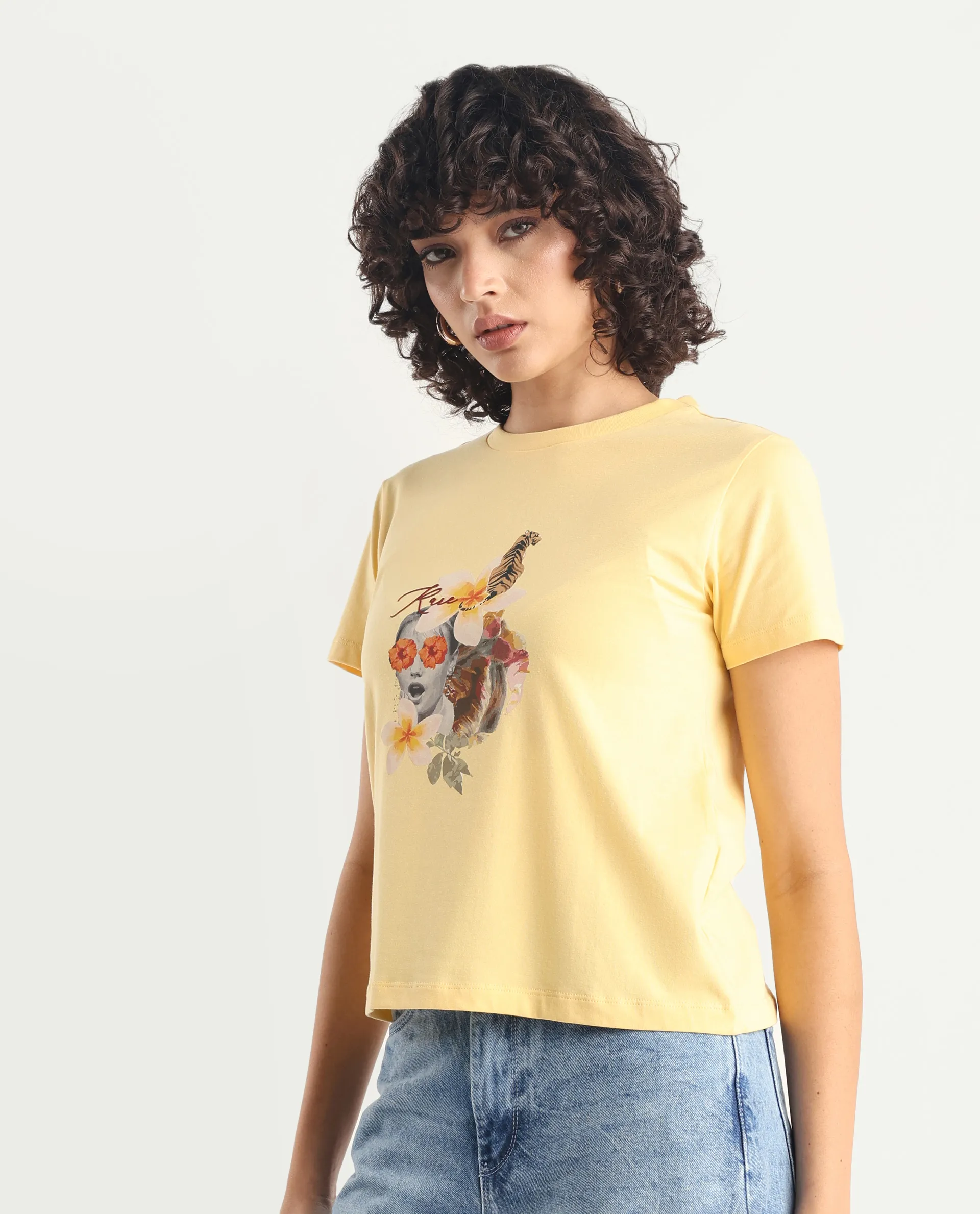 Rareism Women's Tigo Light Yellow Cotton Blend Crew Neck Graphic Print Regular Fit T-Shirt - Image 6