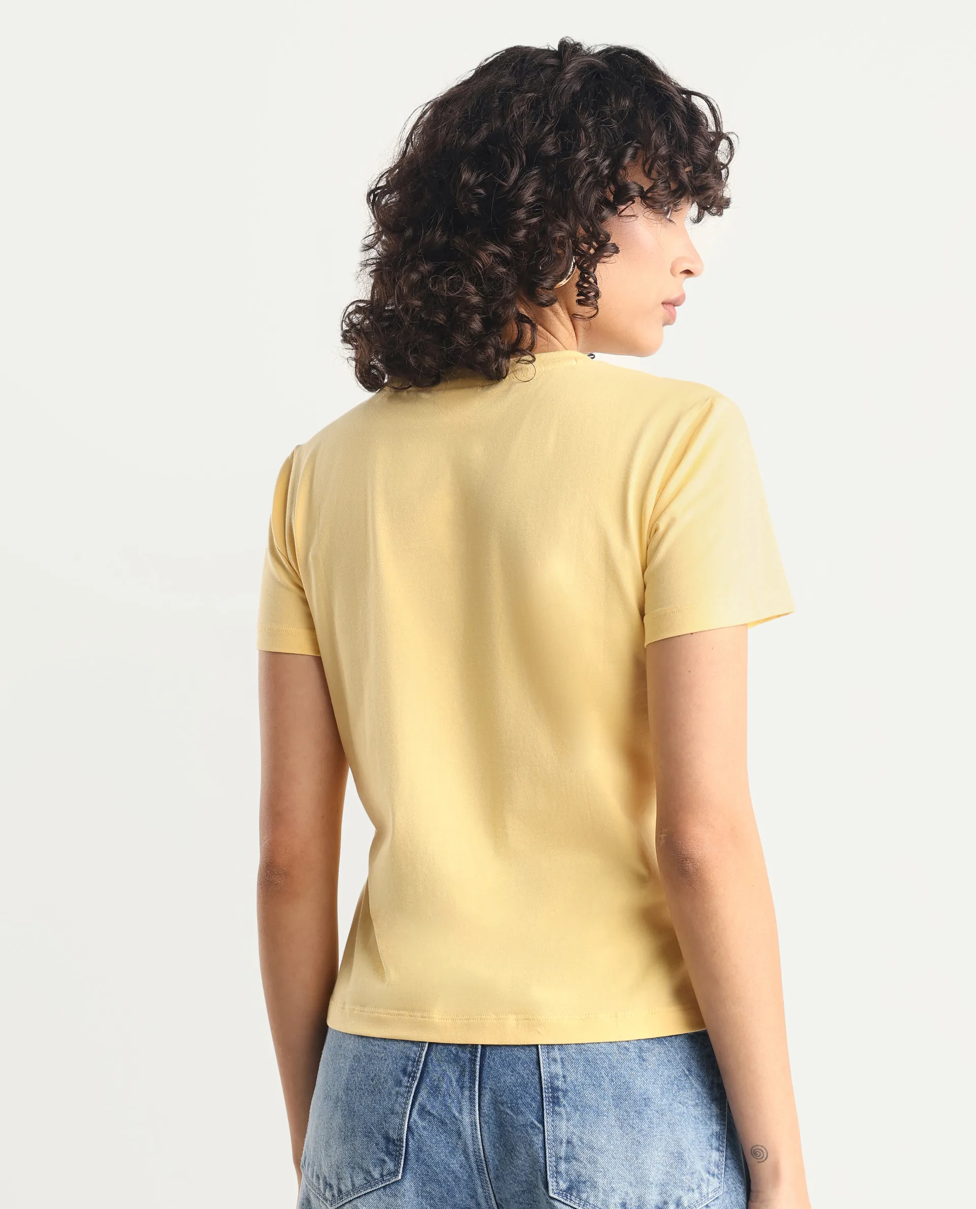 Rareism Women's Tigo Light Yellow Cotton Blend Crew Neck Graphic Print Regular Fit T-Shirt - Image 7