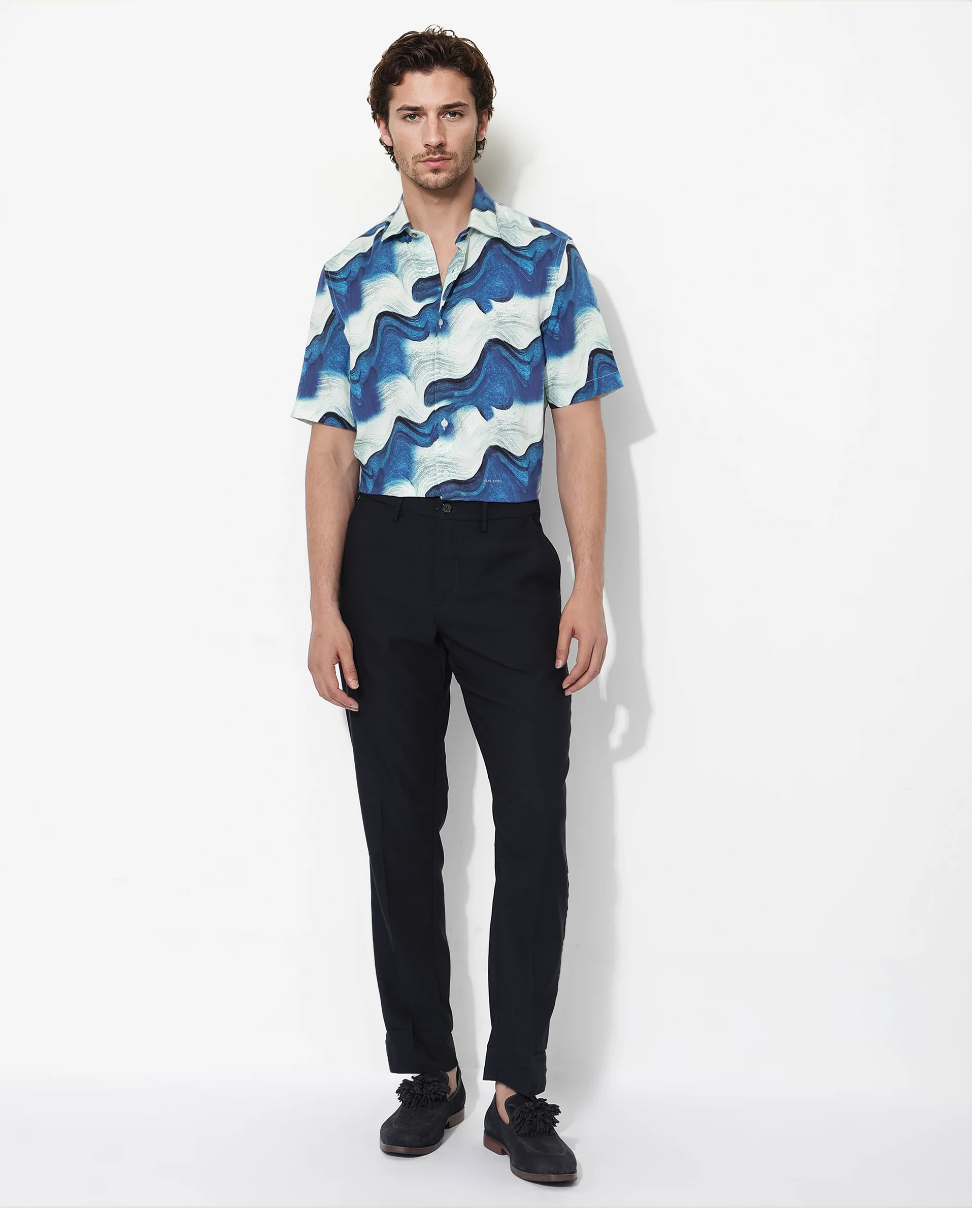 Rare Rabbit Men's Tijon Blue Viscose Abstract Print Regular Fit Half Sleeve Collared Shirt - Image 2