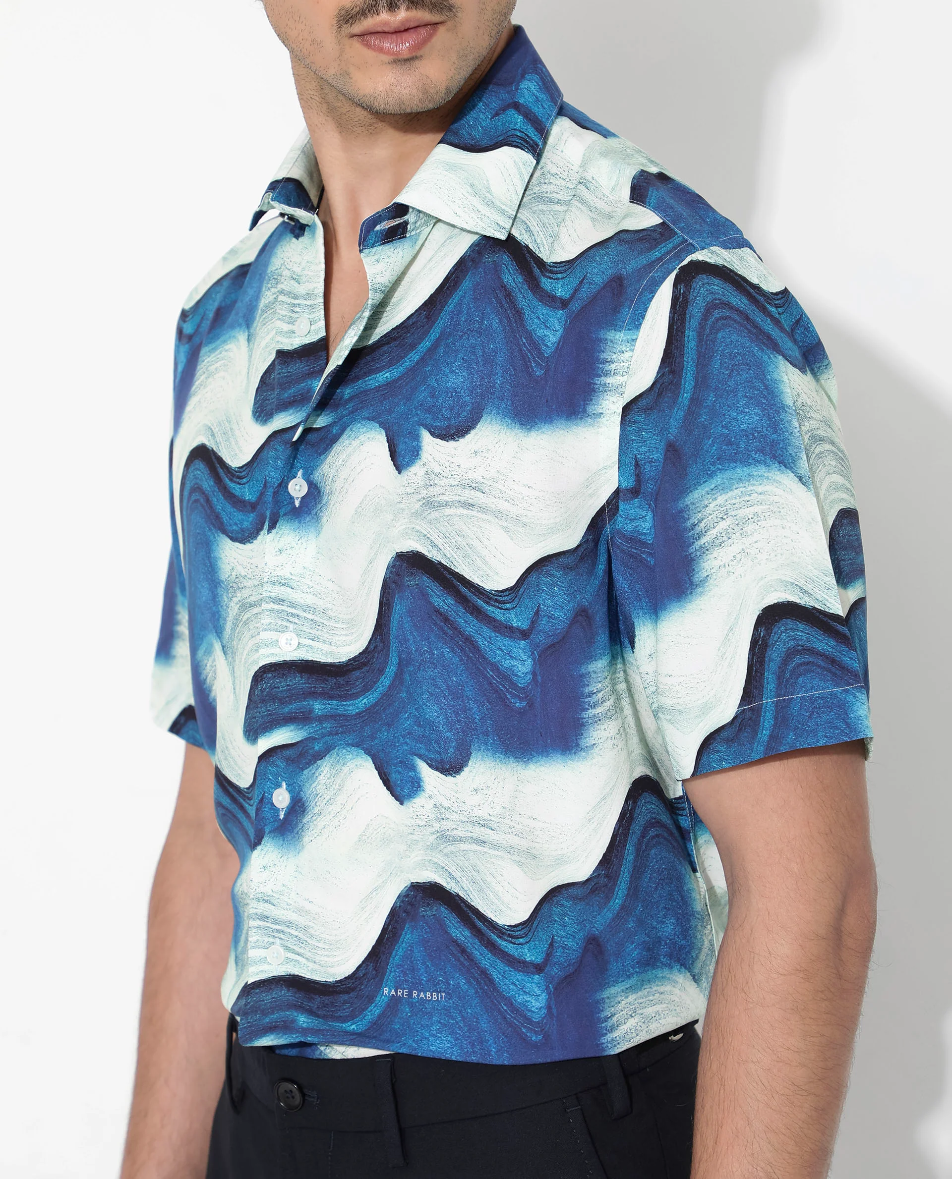Rare Rabbit Men's Tijon Blue Viscose Abstract Print Regular Fit Half Sleeve Collared Shirt - Image 3