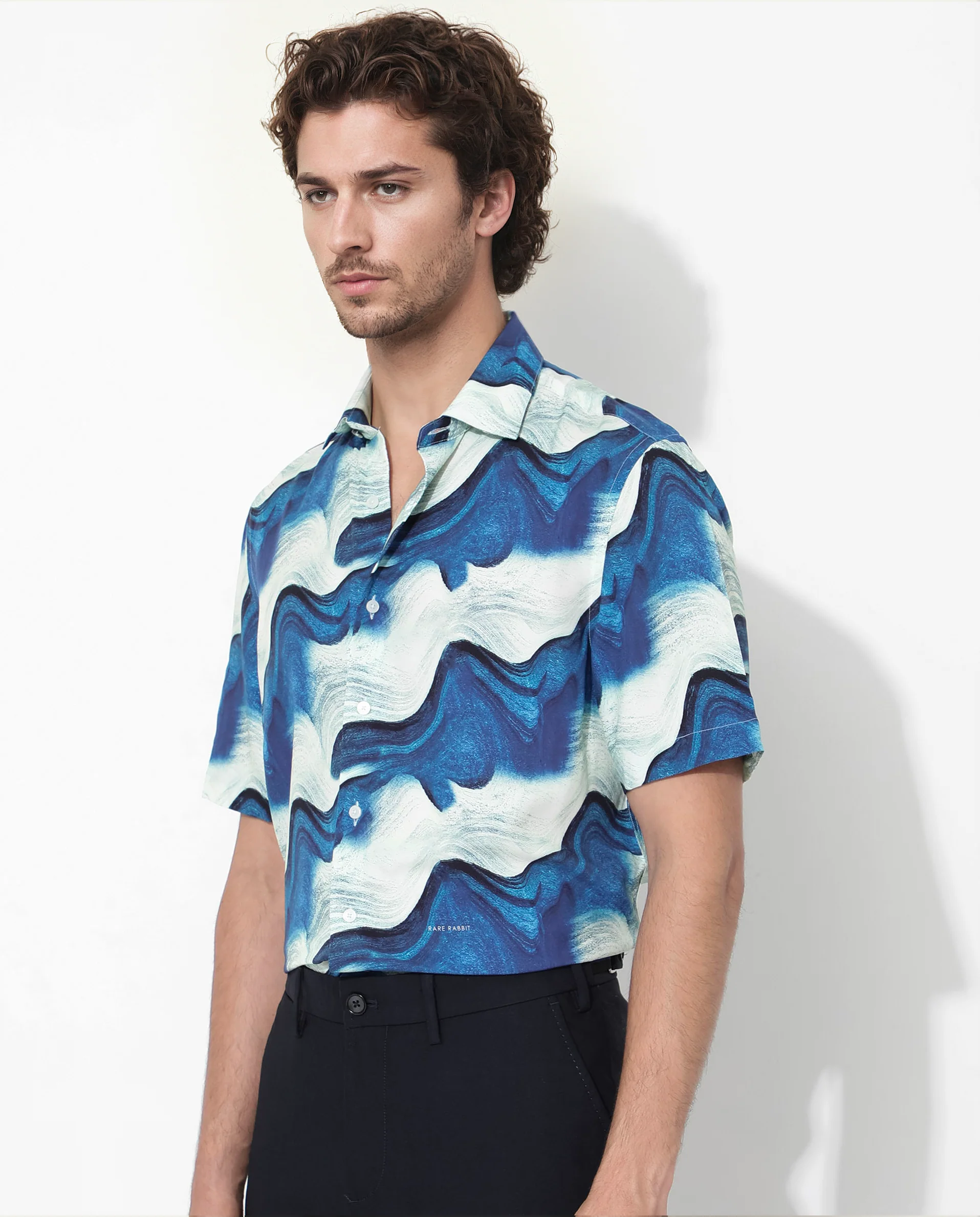 Rare Rabbit Men's Tijon Blue Viscose Abstract Print Regular Fit Half Sleeve Collared Shirt - Image 4