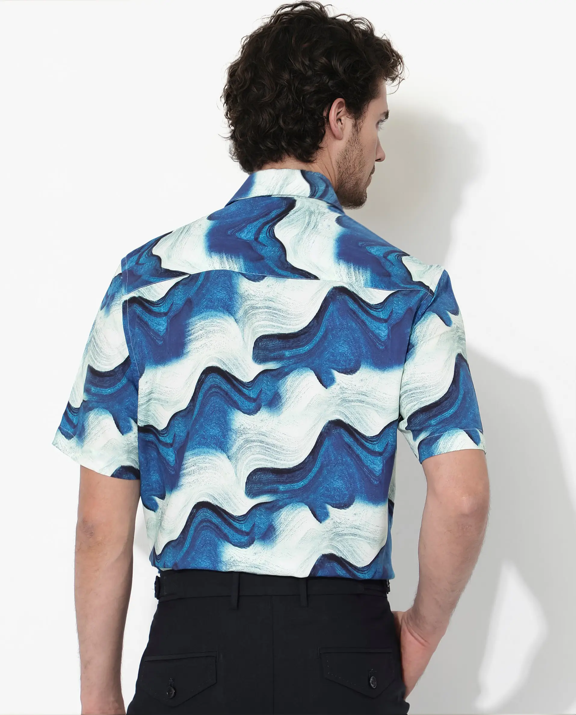 Rare Rabbit Men's Tijon Blue Viscose Abstract Print Regular Fit Half Sleeve Collared Shirt - Image 5