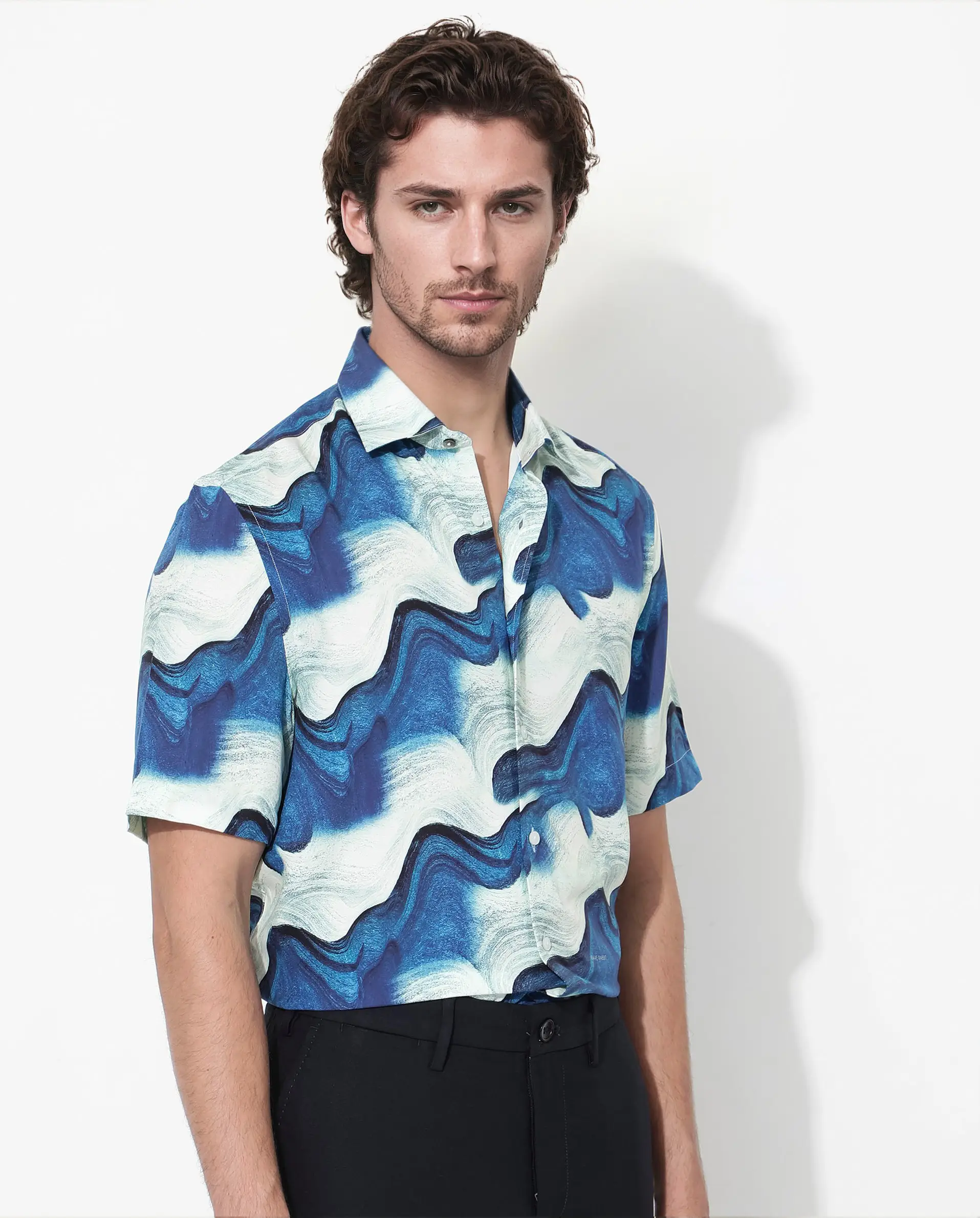 Rare Rabbit Men's Tijon Blue Viscose Abstract Print Regular Fit Half Sleeve Collared Shirt - Image 6
