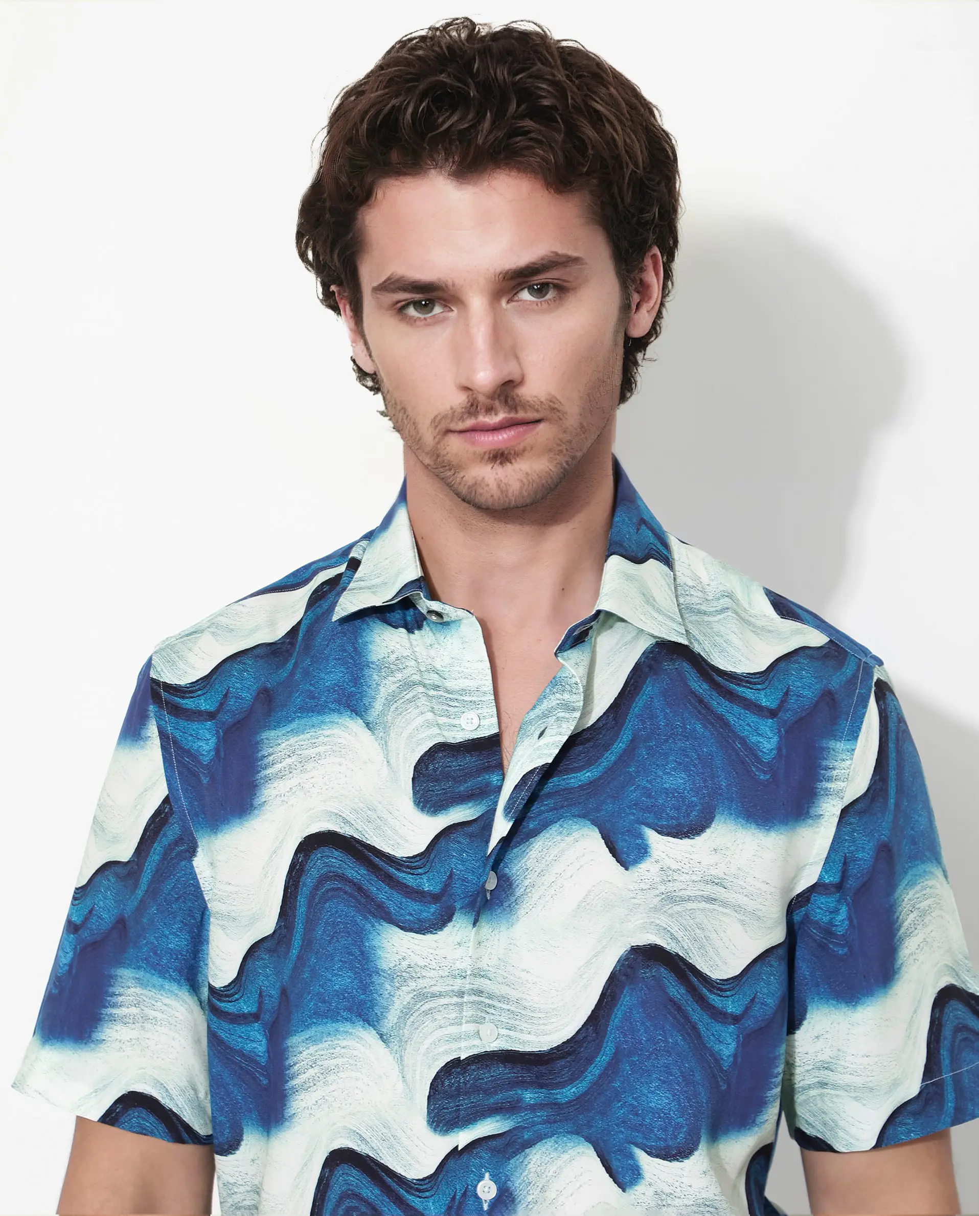Rare Rabbit Men's Tijon Blue Viscose Abstract Print Regular Fit Half Sleeve Collared Shirt - Image 7