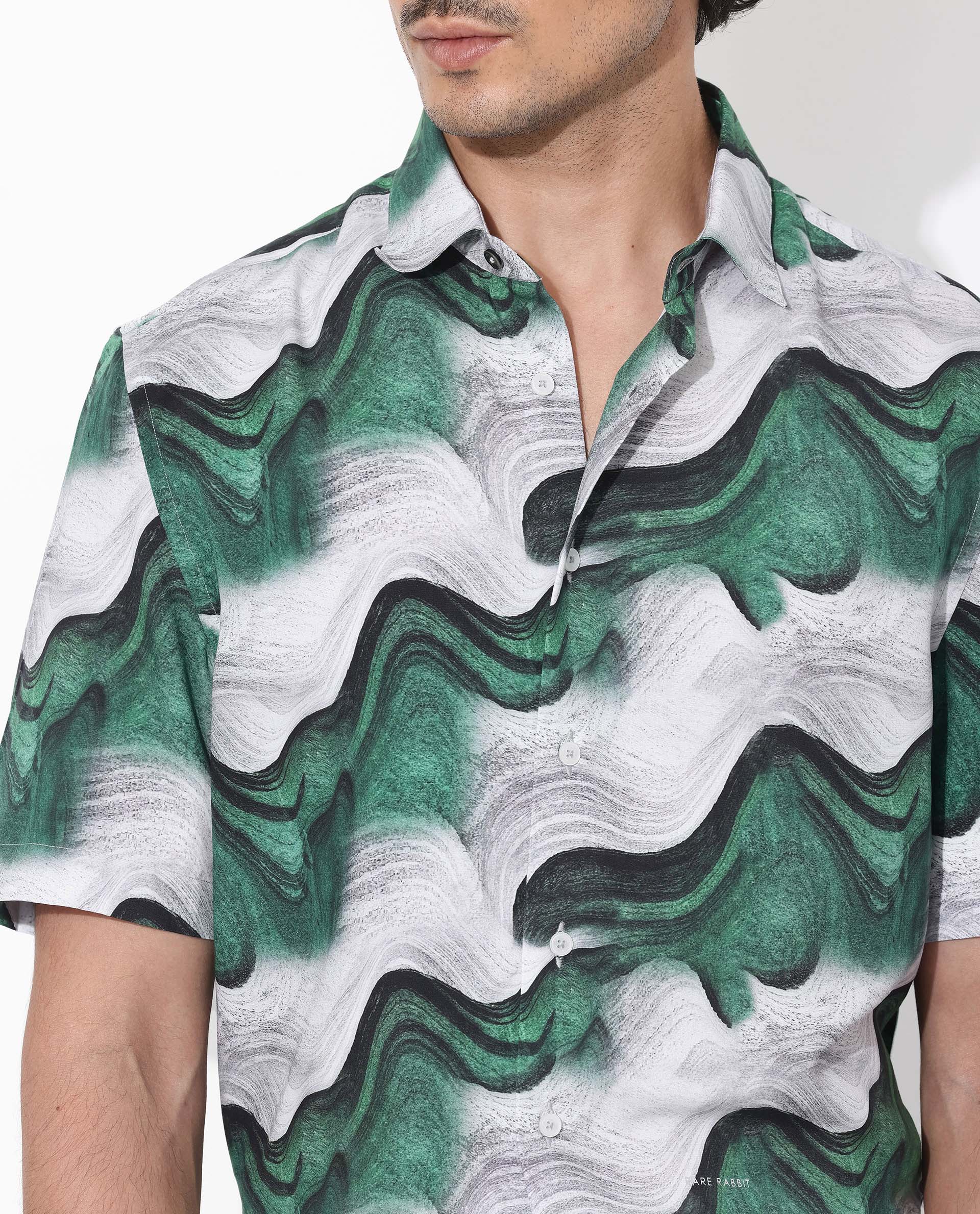 Rare Rabbit Men's Tijon Dark Green Viscose Abstract Print Regular Fit Half Sleeve Collared Shirt - Image 3