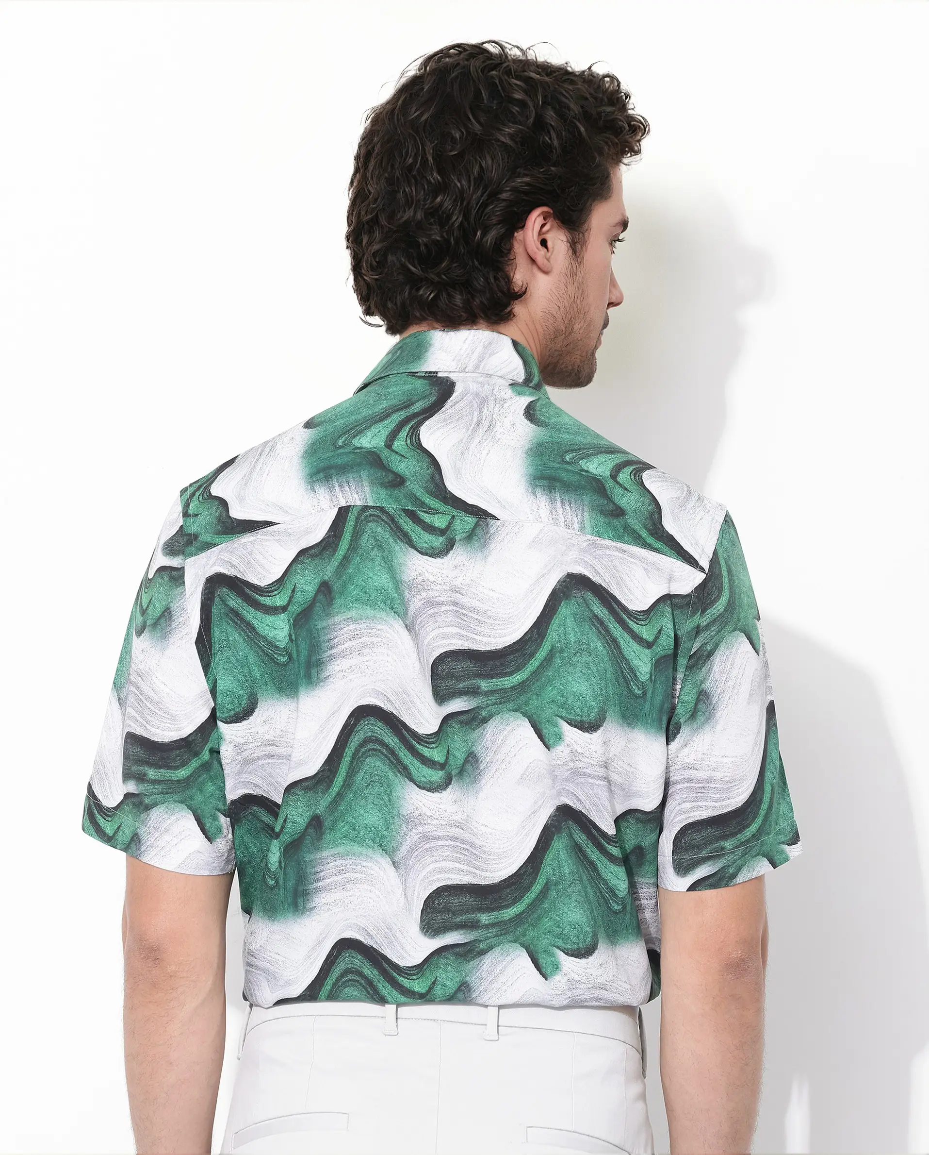 Rare Rabbit Men's Tijon Dark Green Viscose Abstract Print Regular Fit Half Sleeve Collared Shirt - Image 4